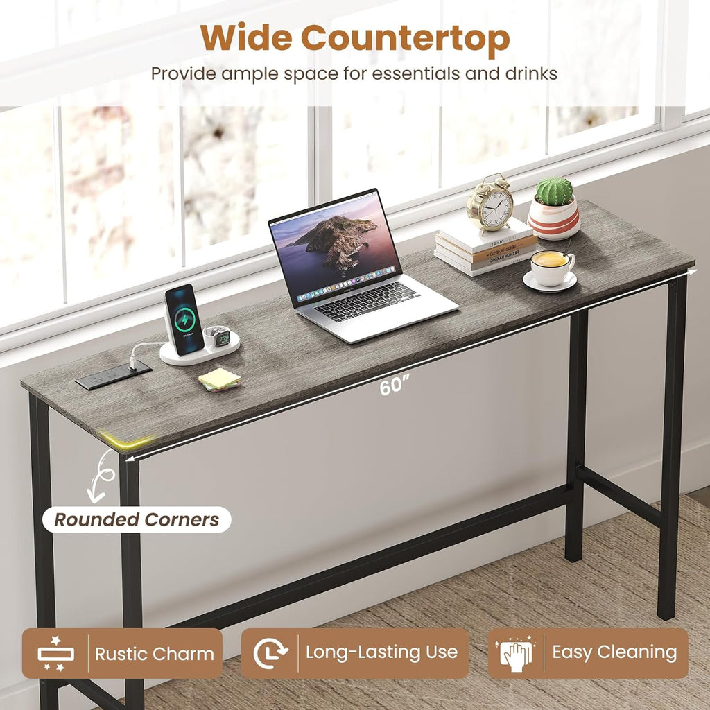 COSTWAY 4 Pieces Counter Height Bar Table Set with Power Outlet, 60" Farmhouse Modern Dining Table w/ 3 Padded Stools, Long Kitchen Island Table and Upholstered Chairs for Breakfast Nook, Small Spaces