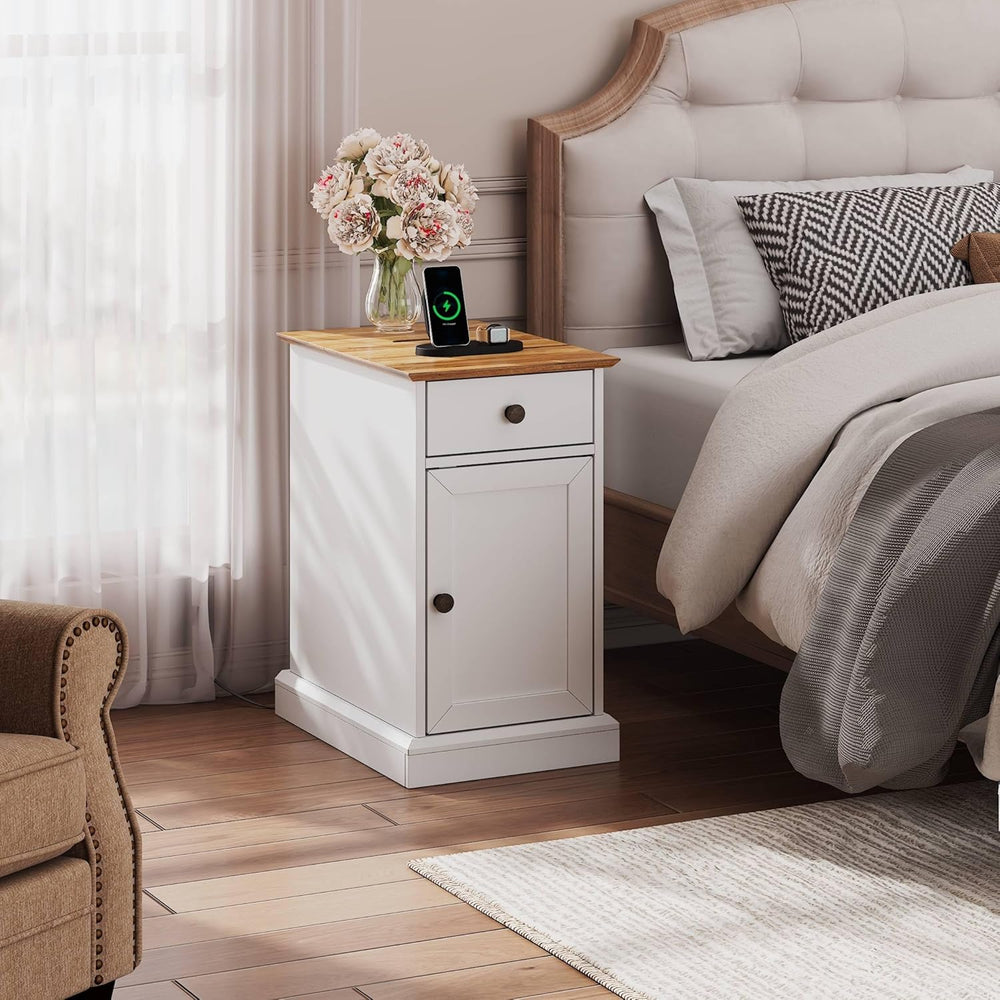 WLIVE End Table with Charging Station, Narrow Sied Table with Drawer & Ca...