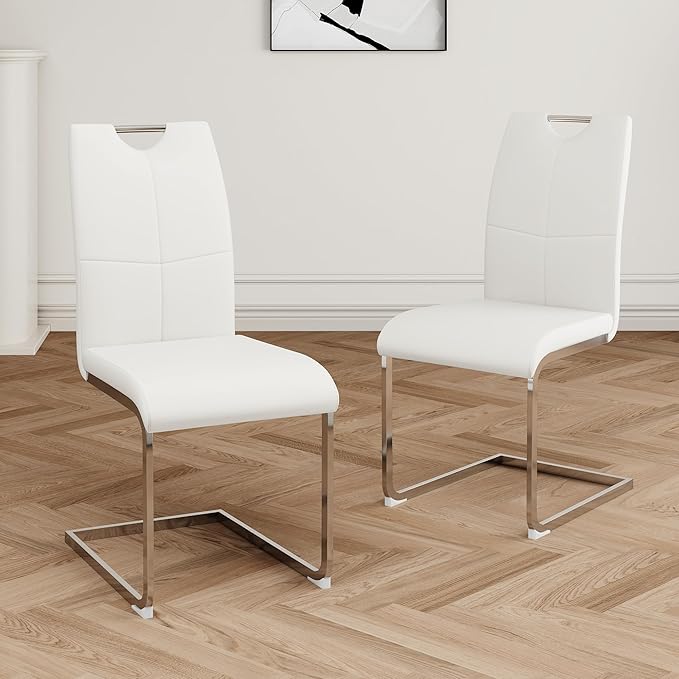 Goujxcy Dining Chairs Set of 2, Modern High Back Kitchen Chairs with Metal Legs and Faux Leather Padded Seat Upholstered Dining Chairs for Dining & Kitchen,Living Room (White&Silver, Set of 2)