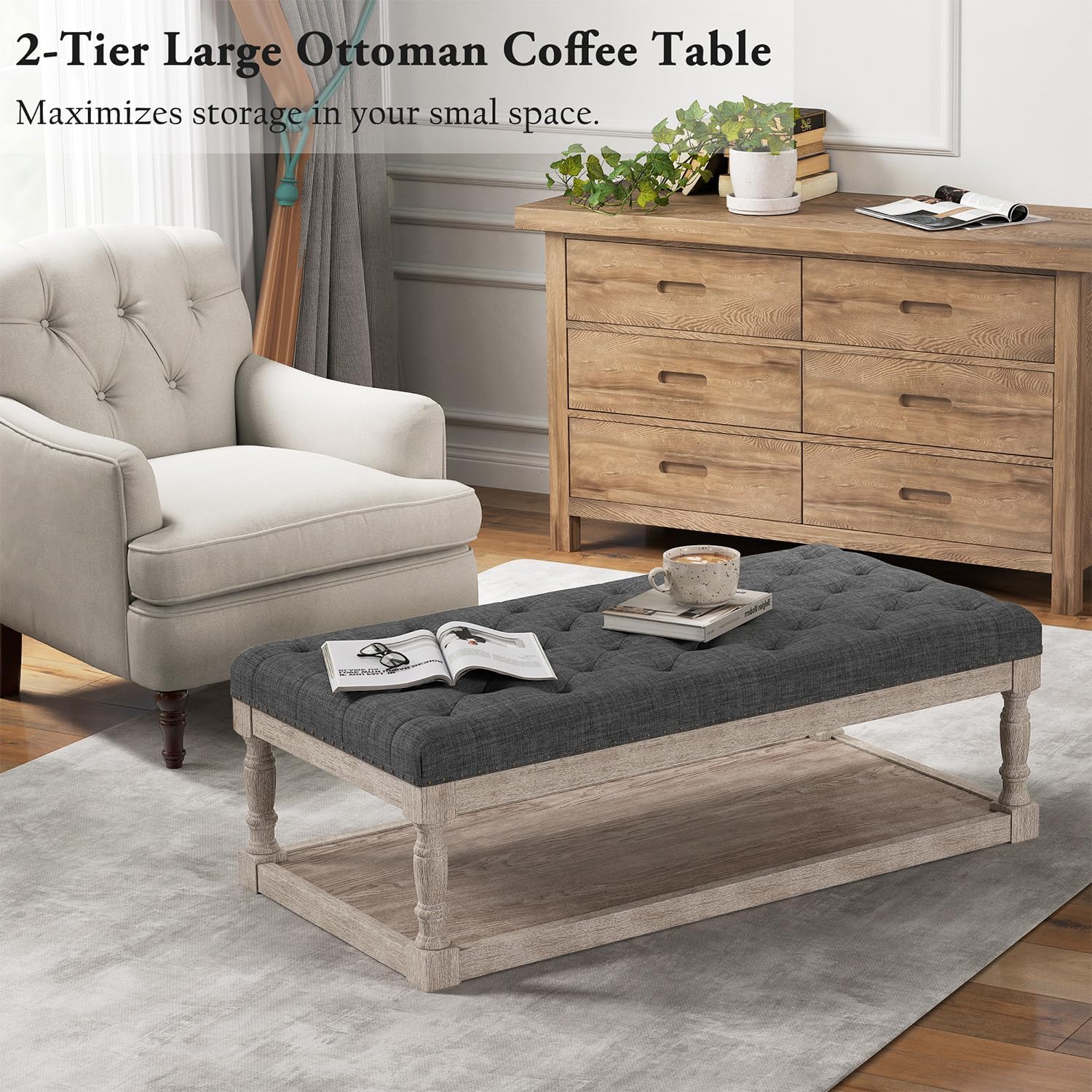 Ottoman Coffee Table, Large Rectangle Ottoman with Storage - Upholstered Cushioned Bench for Living Room, Tufted Linen Fabric with Solid Wood Shelf, Entryway Bench(Dark Gray)