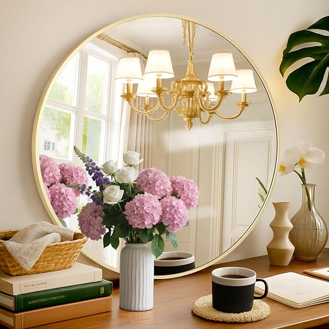 Round Mirror 24 Inch Gold Round Bathroom Mirror Wall Mirror Brushed Metal Frame Anti-Rust Tempered Glass for Bathroom Bedroom Entryway Living Room