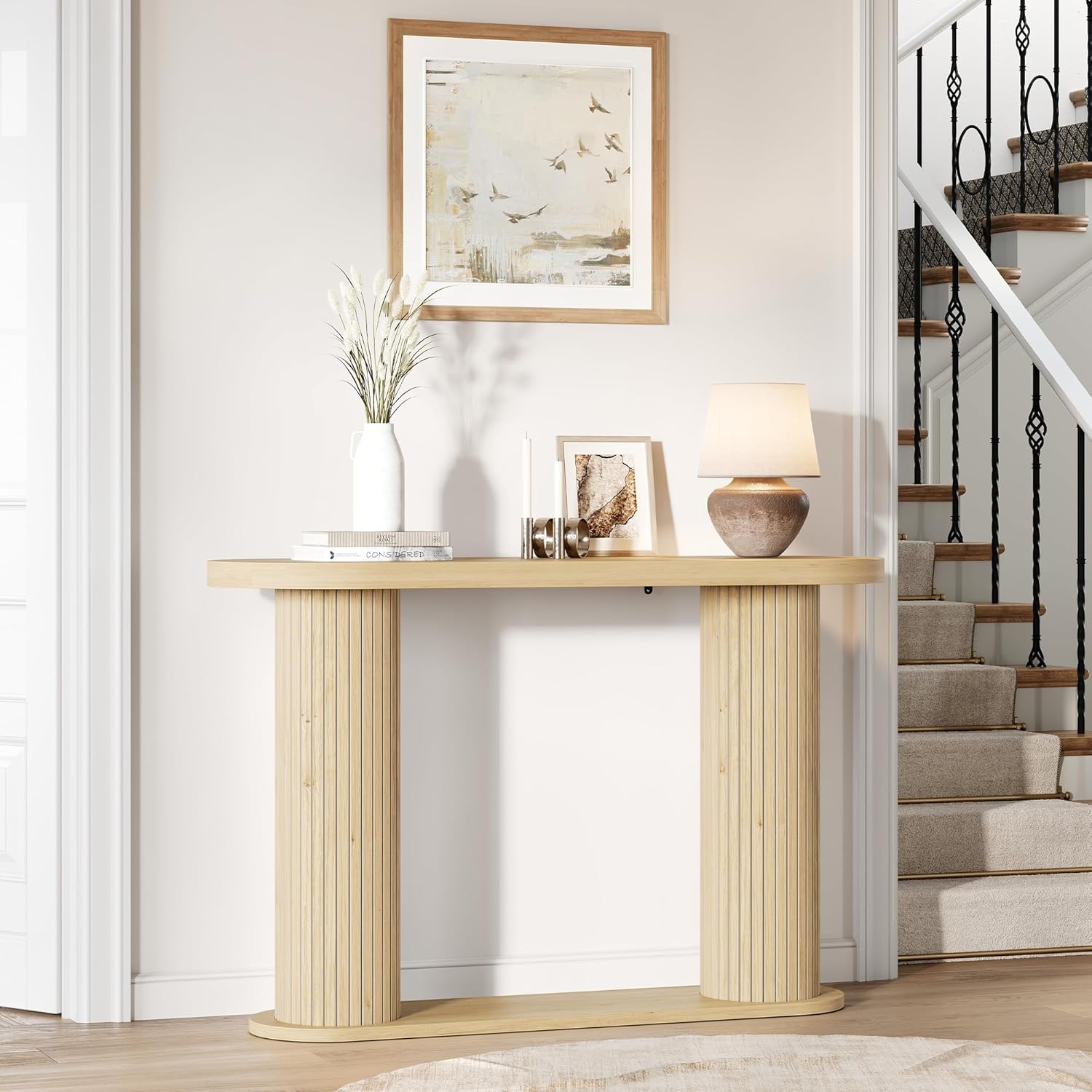 Garvee Fluted Console Table, 42.5 Inch Narrow Wood Entryway Table with Storage Shelf, Sofa Table Behind the Couch, for Hallway, Living Room, Foyer, Entrance, Natural Oak