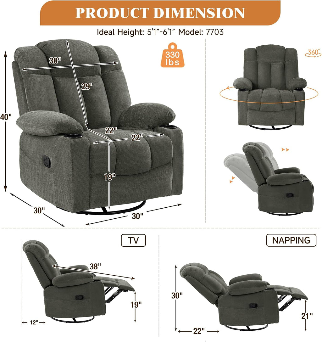 Swivel Rocker Recliner Chair for Adults – Manual Glider Sofa with Massage, Heat & Vibration, 360° Rocking for Living Room or Nursery,Dark Gray