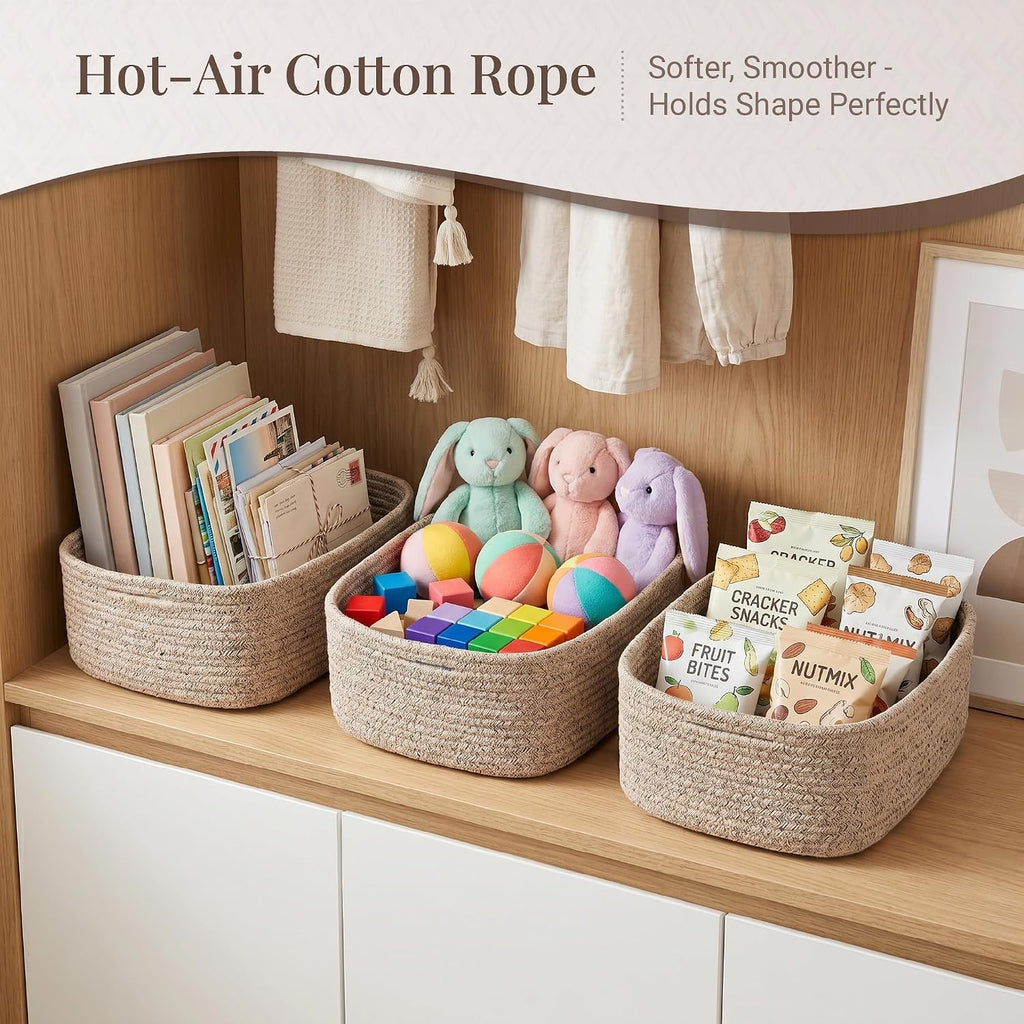 5-Pack Large Woven Rope Storage Baskets, 2 Sizes Organizer Bins | Fabric Cube Boxes and Rectangular Shallow Bins for Closet, Shelf, Bookshelf, Nursery, Changing Table, Bathroom, Toys & Home