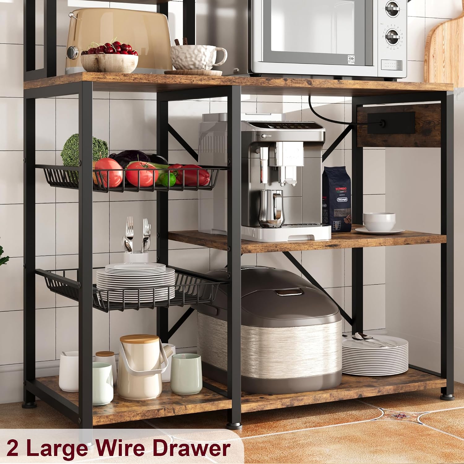 IDEALHOUSE Bakers Rack with Power Outlet, Microwave Stand with 2 Wire Drawer, Industrial Coffee Bar Station, 7-Tier Kitchen Bakers Rack with Large Storage for Spice, Pots Organizer, Rustic Brown