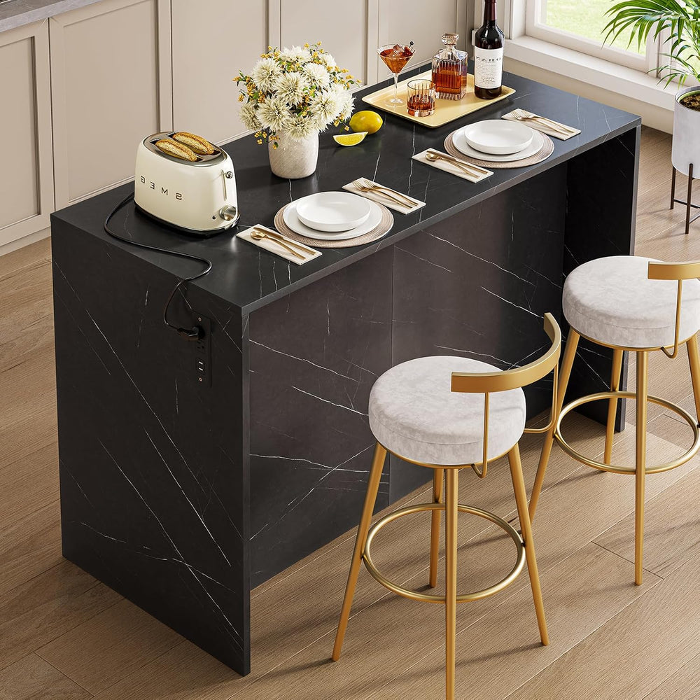 Kitchen Island with 2 Storage Cabinets & 4 Drawers, Black+Imitation Marbl...