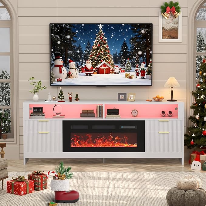 70” Fireplace TV Stand with 36” Electric Fireplace, Electric Fireplace TV Stand for Living Room with LED Lights, Modern TV Console Cabinet & Media Entertainment Center with Fireplace (White)