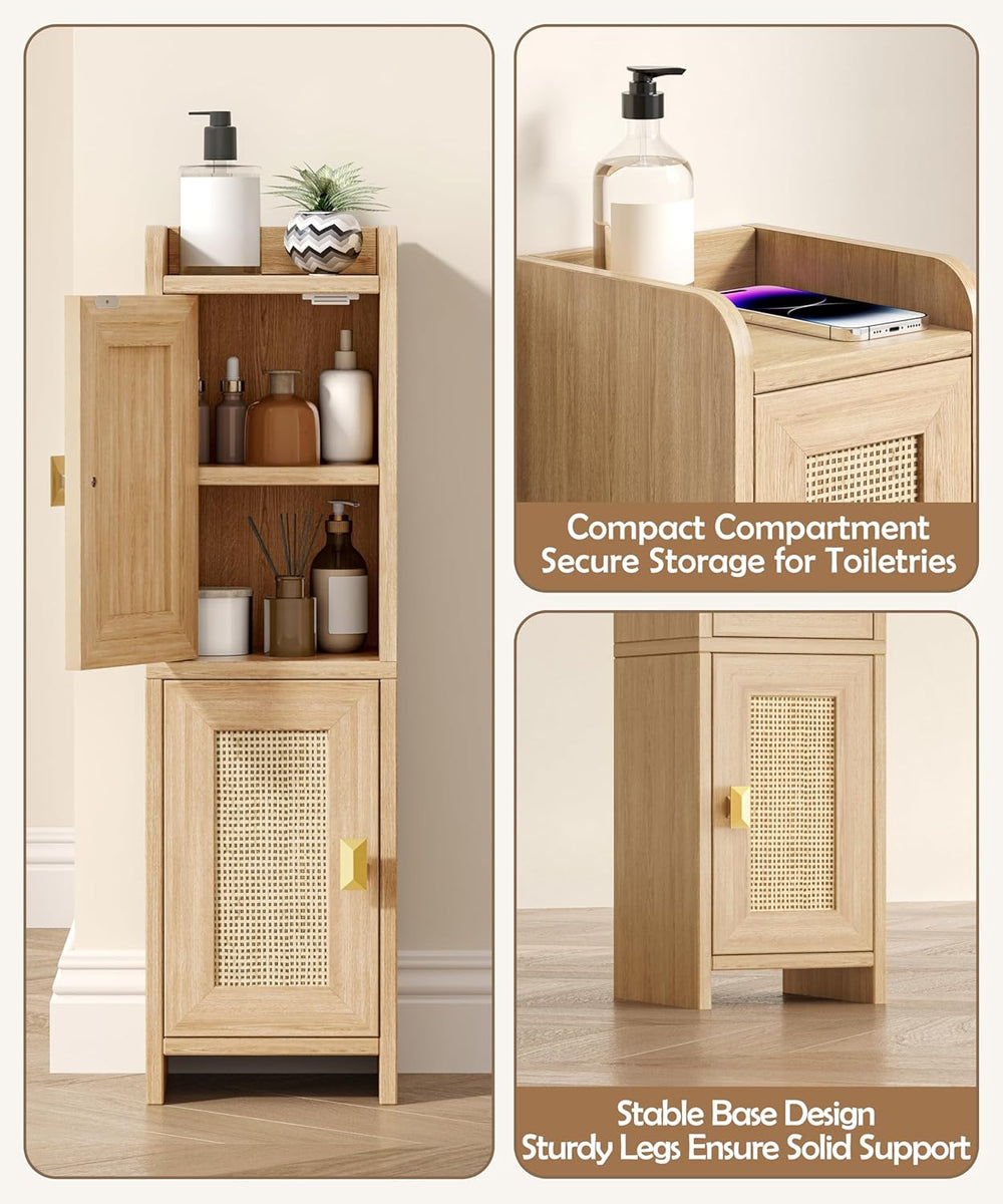 Akxomel Rattan Small Bathroom Cabinet Narrow Toilet Paper Organizer Oak | 7.9...