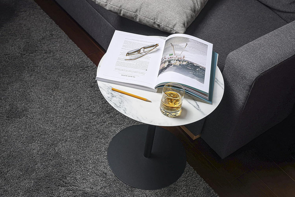 4-pcs Round Metal Coffee Table Set with Marble Finish Table Top and Black Pow...
