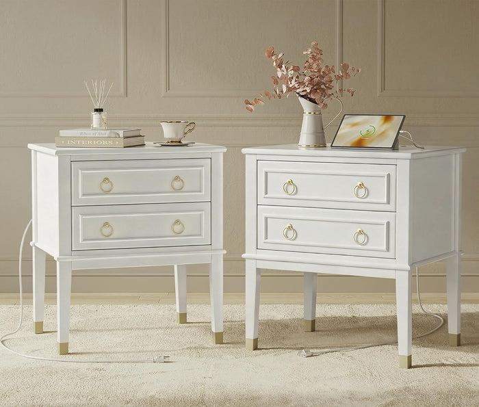 Huuger 27.6 Inch Tall Nightstand with Charging Station, USB-C Port, Larger Night Stand Set of 2, Bedside Table with 2 Drawers, 11.4 Inch Raised Legs, Side Tables End Tables, for Bedroom, White