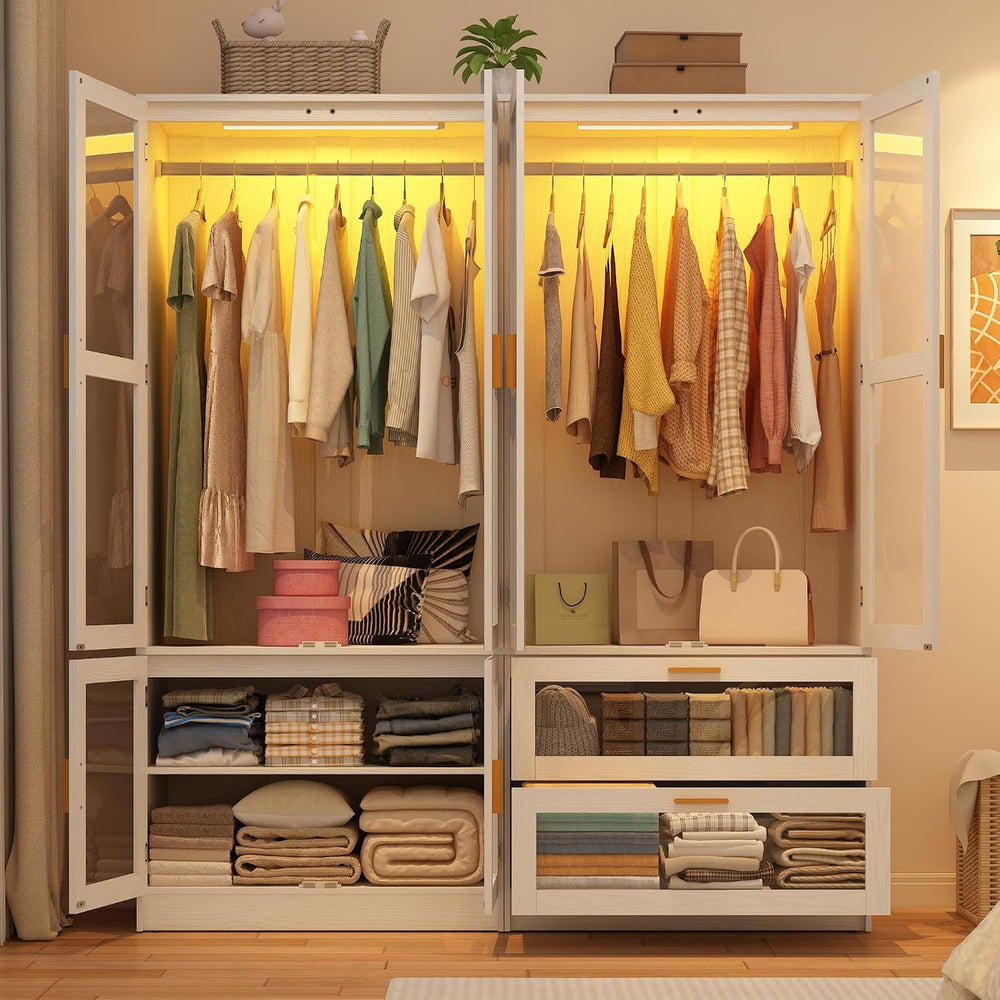 4 Doors Armoire Wardrobe Closet with LED and Mirror,71" H Freestanding W...