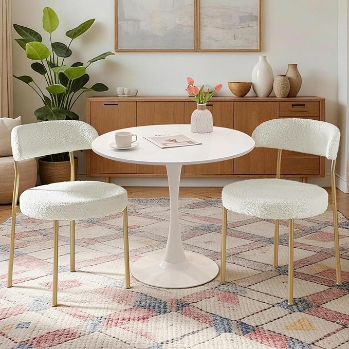 SoarFlash Kitchen Table and Chairs for 2, 31.5" Dining Table Set for 2 with Boucle Upholstered Chairs, 3 Piece Round Kitchen Table Set, Dining Room Table Set for Small Space, Apartment, Beige/White