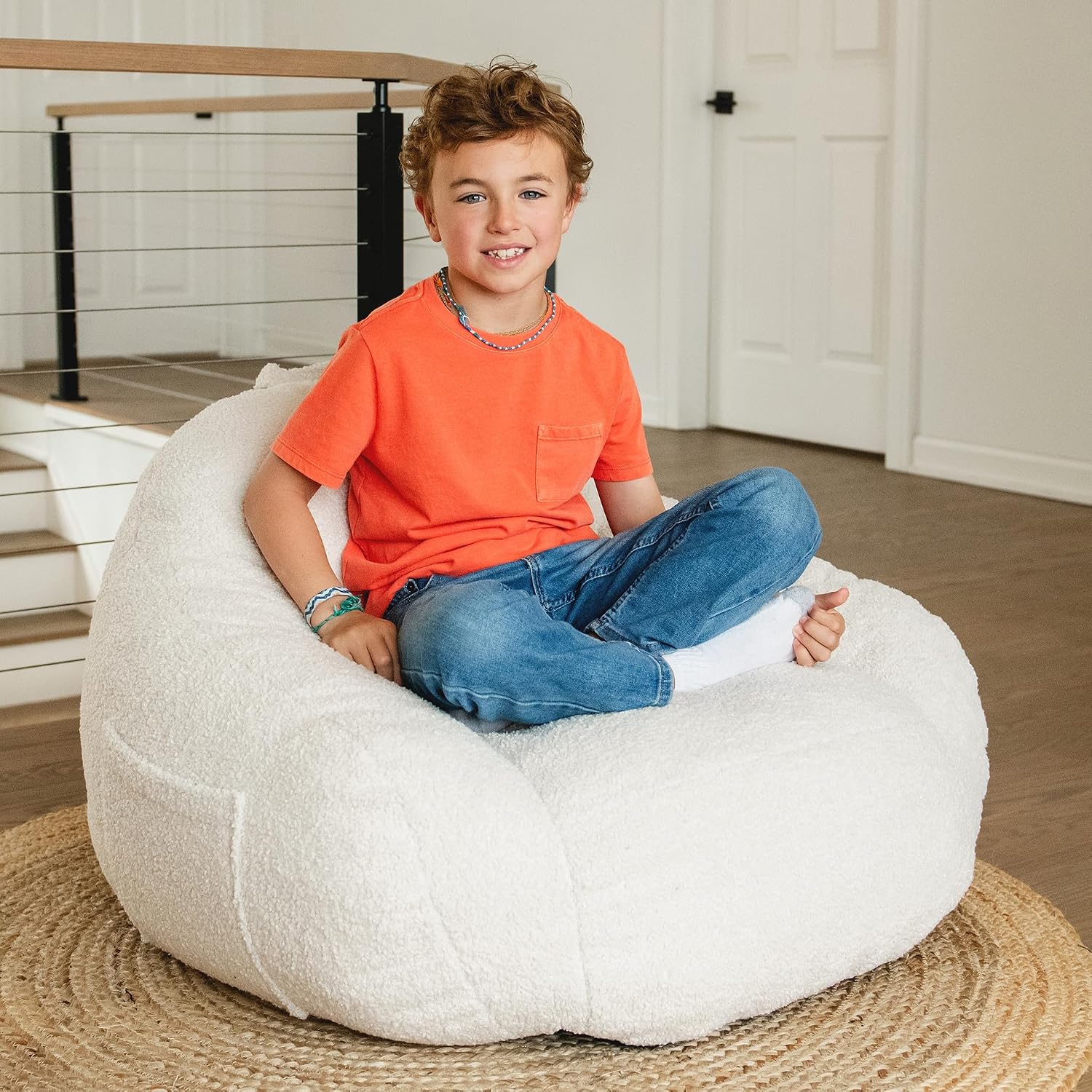 Big Joe Cloudberry Bean Bag Chair, Foam-Filled Structured Seat, Teddy Boucle, Icing, Kids