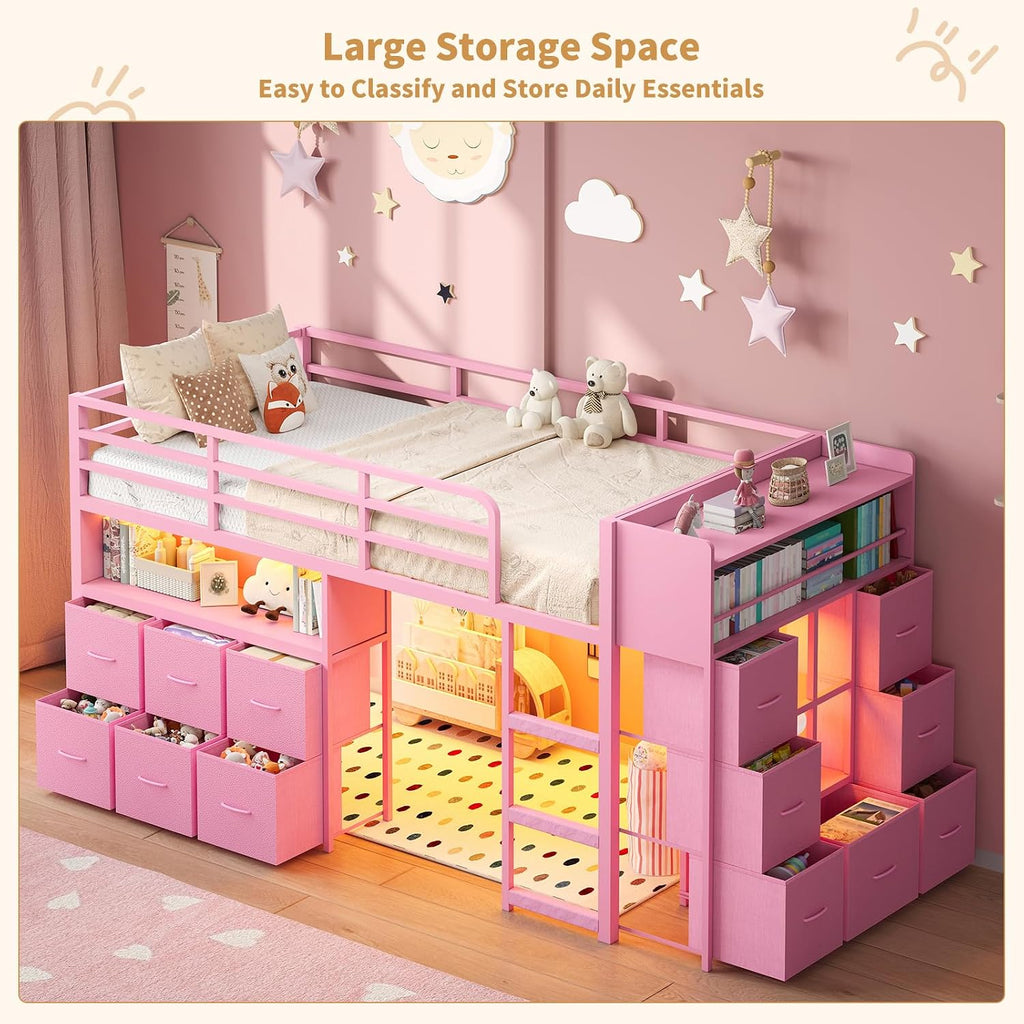 Low Loft Bed Twin Size with 13 Storage Drawers & Bookshelf, Twin Loft Bed with RGB LED Lights & Power Outlets, Metal Loft Bed with Safety Guardrail & Under-Bed Play Space, Pink