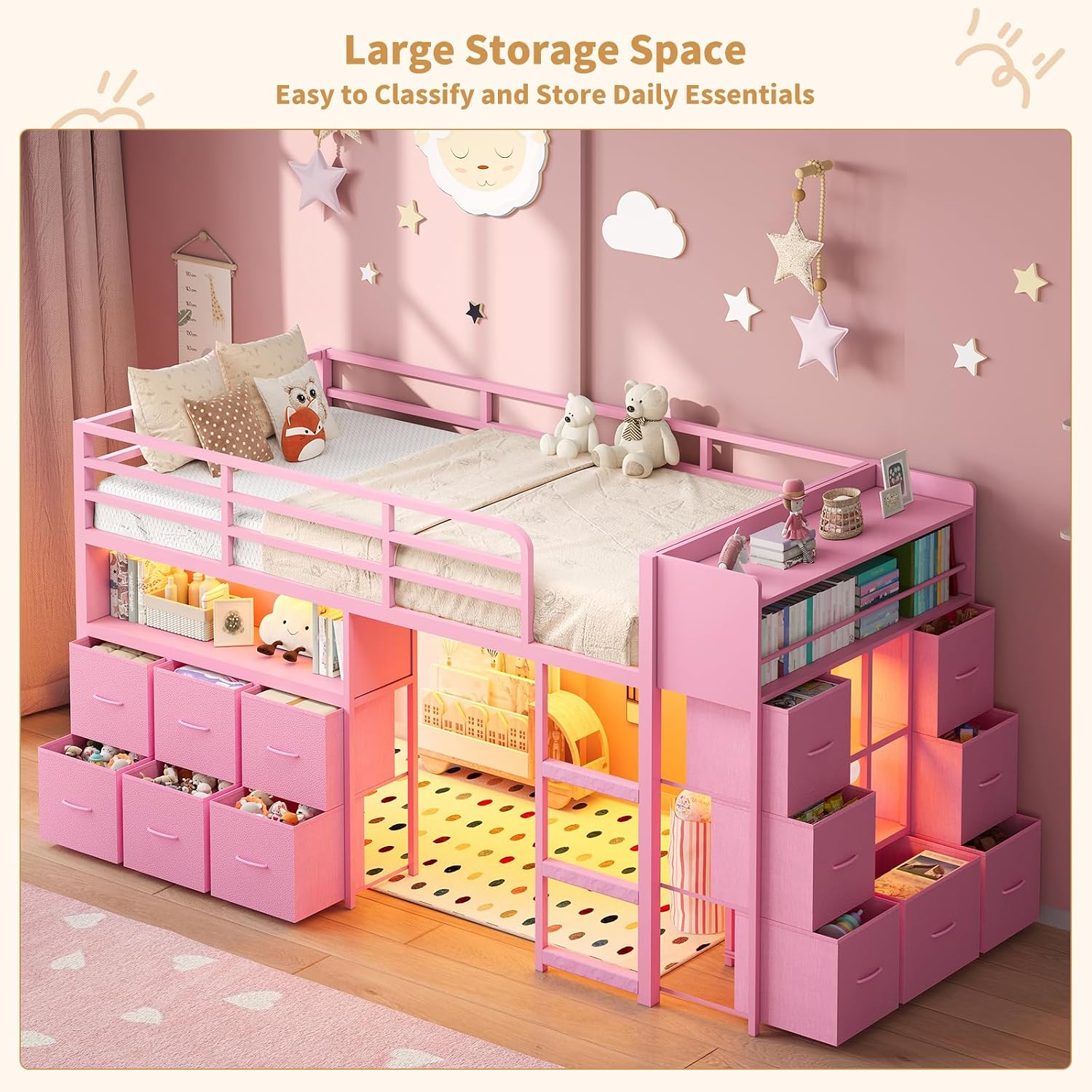 Low Loft Bed Twin Size with 13 Storage Drawers & Bookshelf, Twin Loft Bed with RGB LED Lights & Power Outlets, Metal Loft Bed with Safety Guardrail & Under-Bed Play Space, Pink