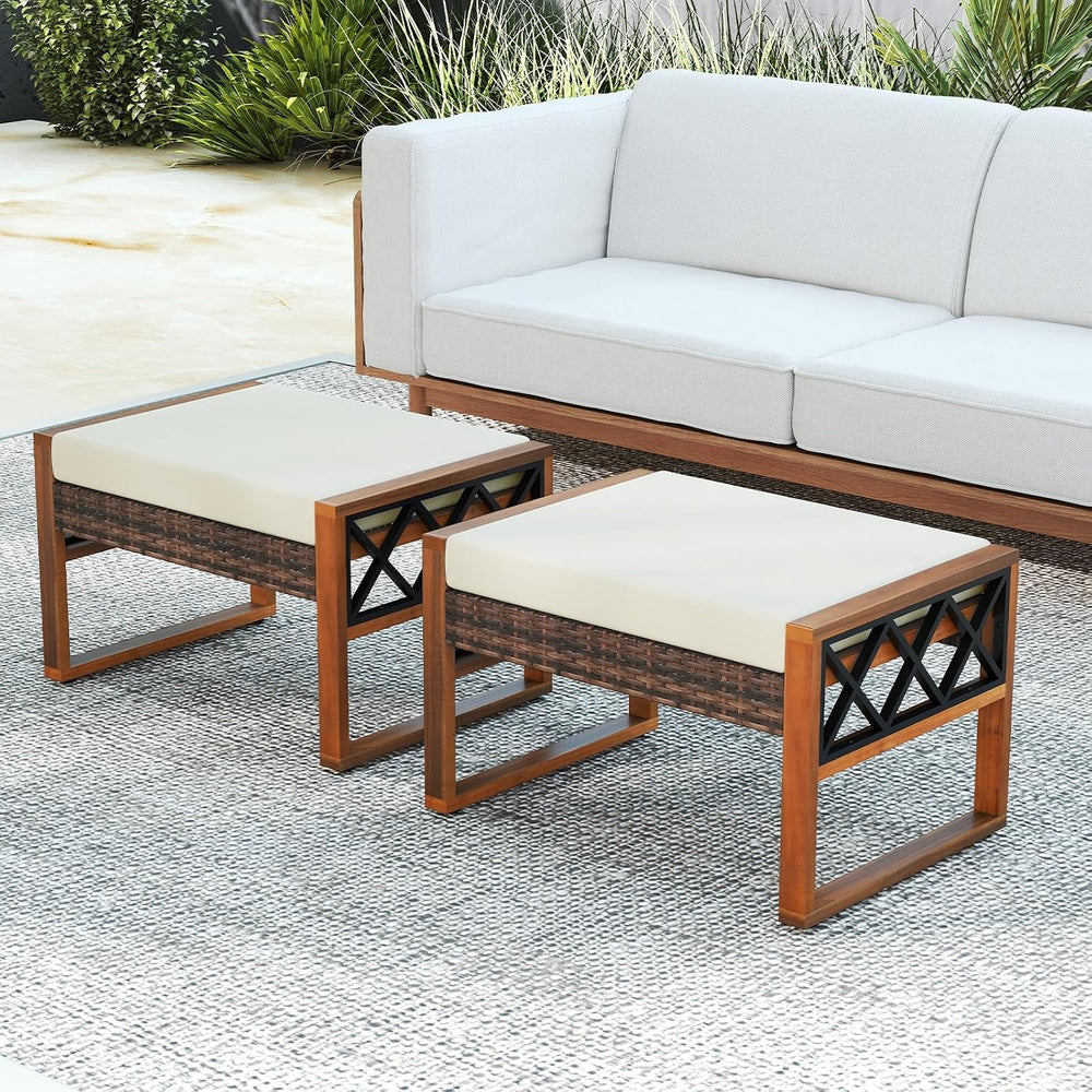 RELAX4LIFE Wicker Outdoor Ottomans for Patio - Set of 2 Rattan Outside Footst...