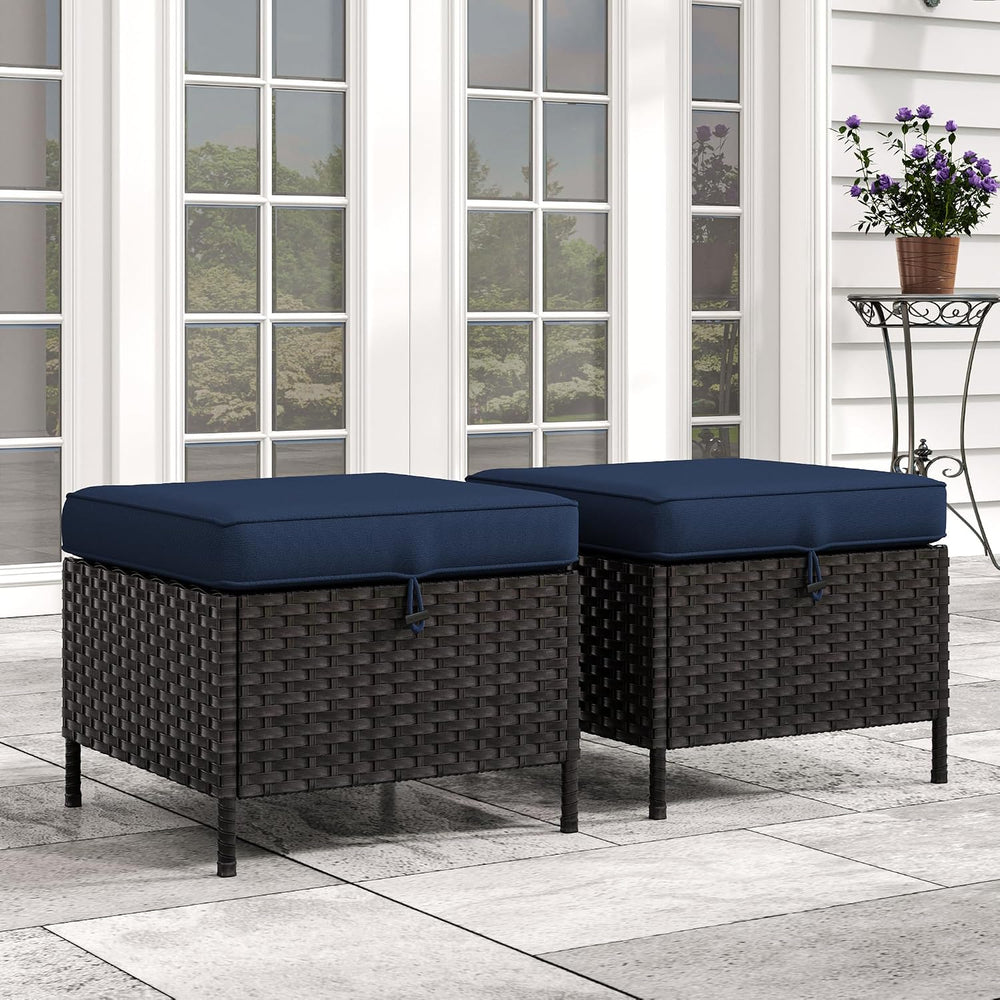 Patio Wicker Ottomans with Removable and Washable Covers, PE Rattan Outdoor F...