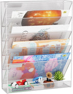 Wall File Organizer Holder Mesh Hanging Paper Document Holder, Vertical 6 Pocket Tier for Office Home, Silver