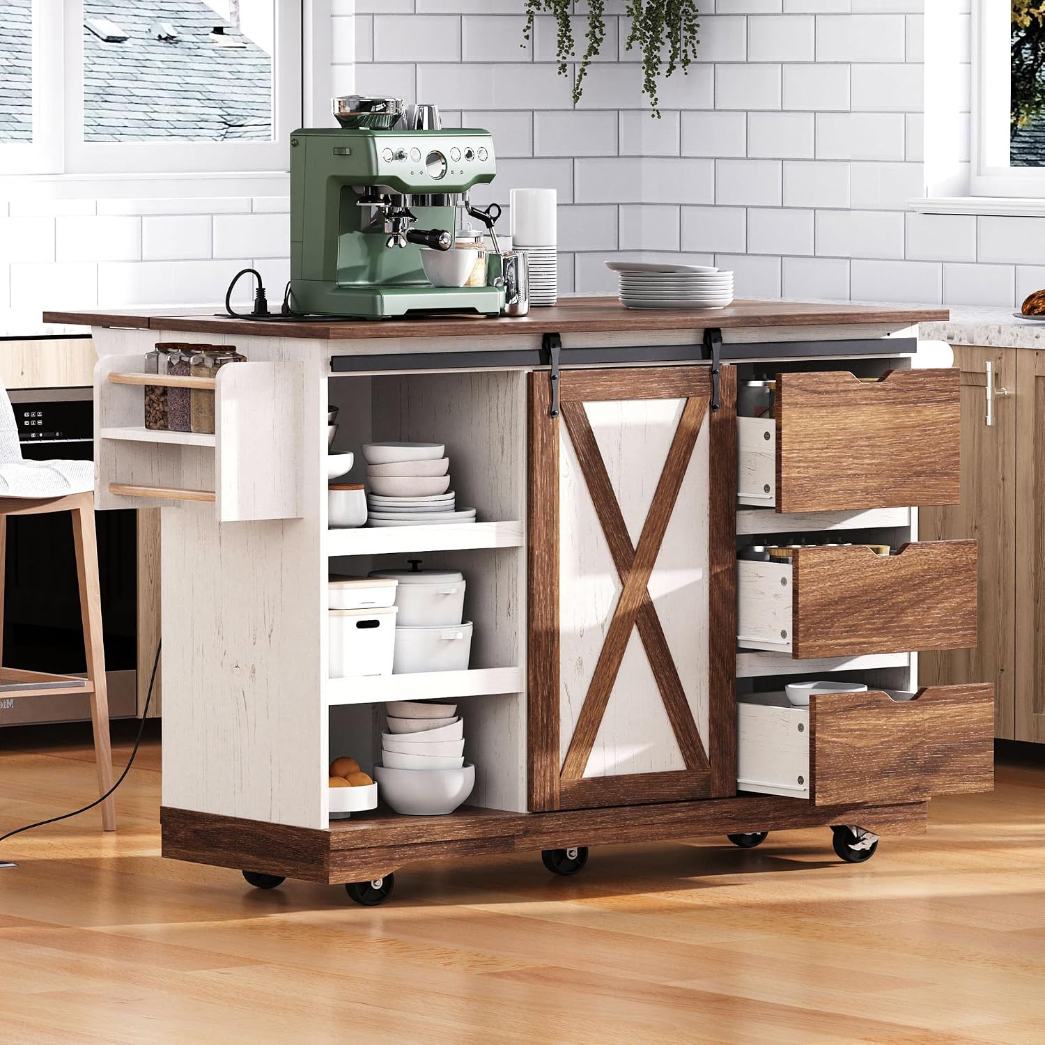Ball & Cast Farmhouse Kitchen Island with Drop Leaf & Barn Door,Rolling Kitchen Cart on Wheels with Power Outlet,3 Large Drawers,Adjustable Shelf & Spice Rack,for Home,Kitchen,Dining Room,White,56"