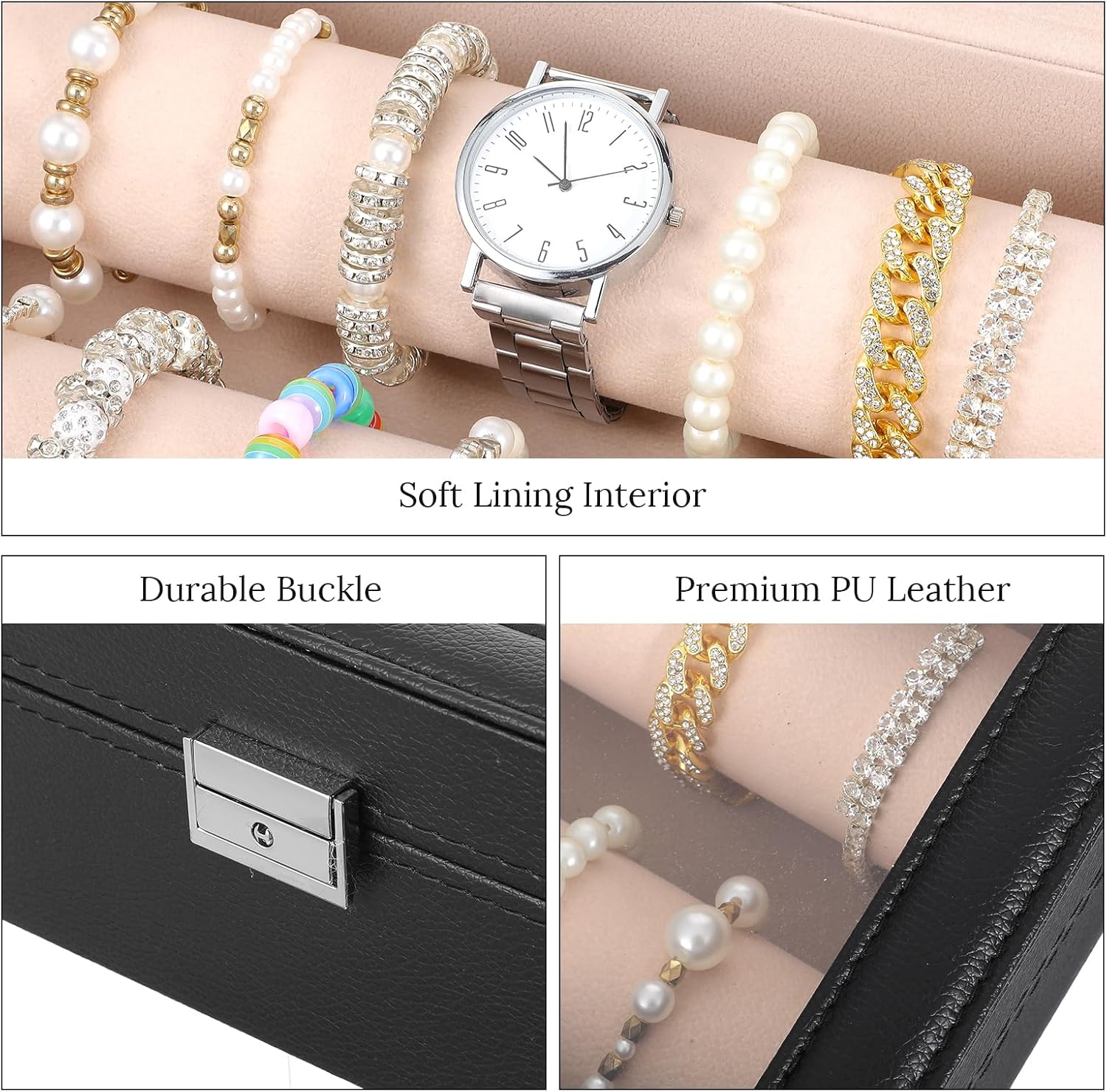 Bracelet Display Holder with Rods for Bangles Watches, Clear Lid Jewelry Organizer Box Storage Case for Women Girls -Black