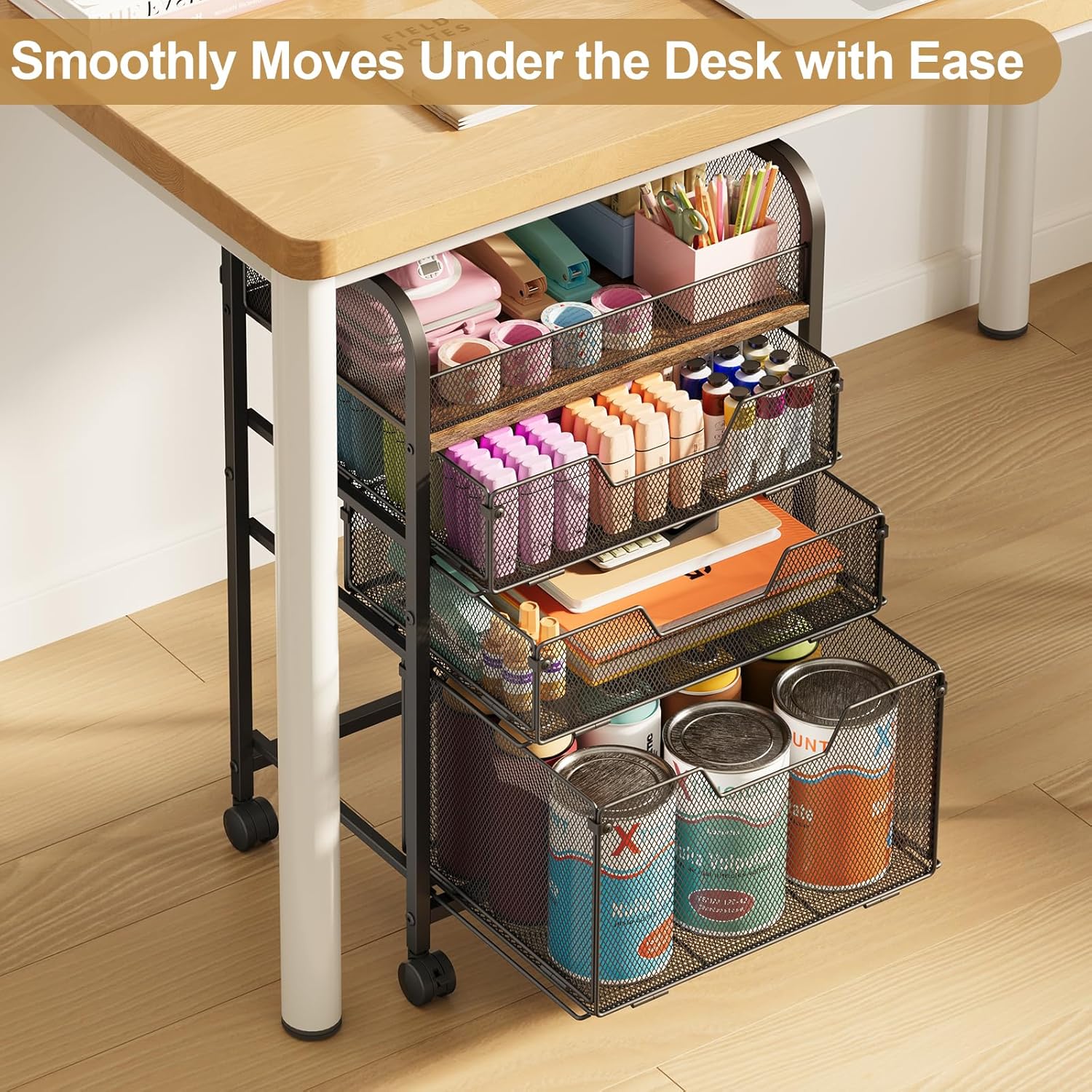 4-Tier Rolling Utility Cart with 3 Drawers - Craft Organizers and Storage with 360° Lockable Wheels,Art Supply Storage Organizer for Art Supplies, Store for Brushes & Paints & Artifacts Small Parts