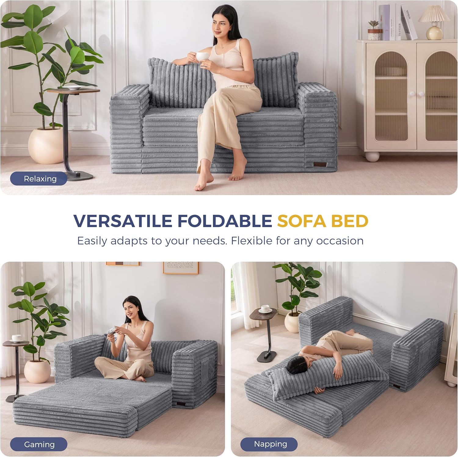 MAXYOYO Convertible Sofa Bed, Pull-Out Loveseat Couch Bed for Small Space | 2 in 1 Folding Couch Bed with Large Back Pillow, Plush Faux Fabric Lounge Couch for Living Room, Apartment, Grey