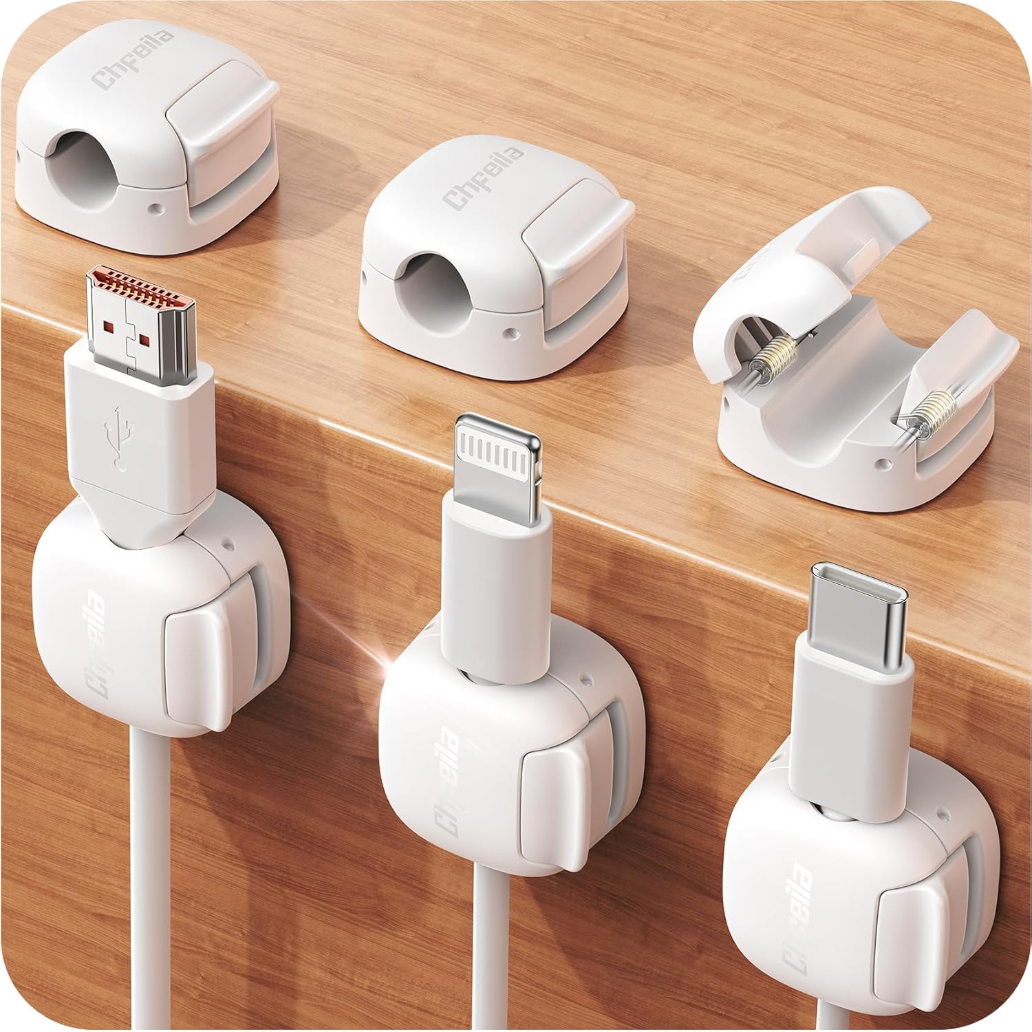 6Pack Cord Organizer, Chfeila Compact Dual Spring & Clasp Lock Cable Management Clips, Adhesive Phone Charger Keeper, Wire Holder for Nightstand/Wall/Car, Home Office Desk Accessories Decor Essentials