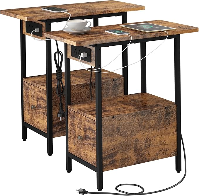 LIDYUK End Table with Charging Station, Narrow Side Table with Drawer and USB...