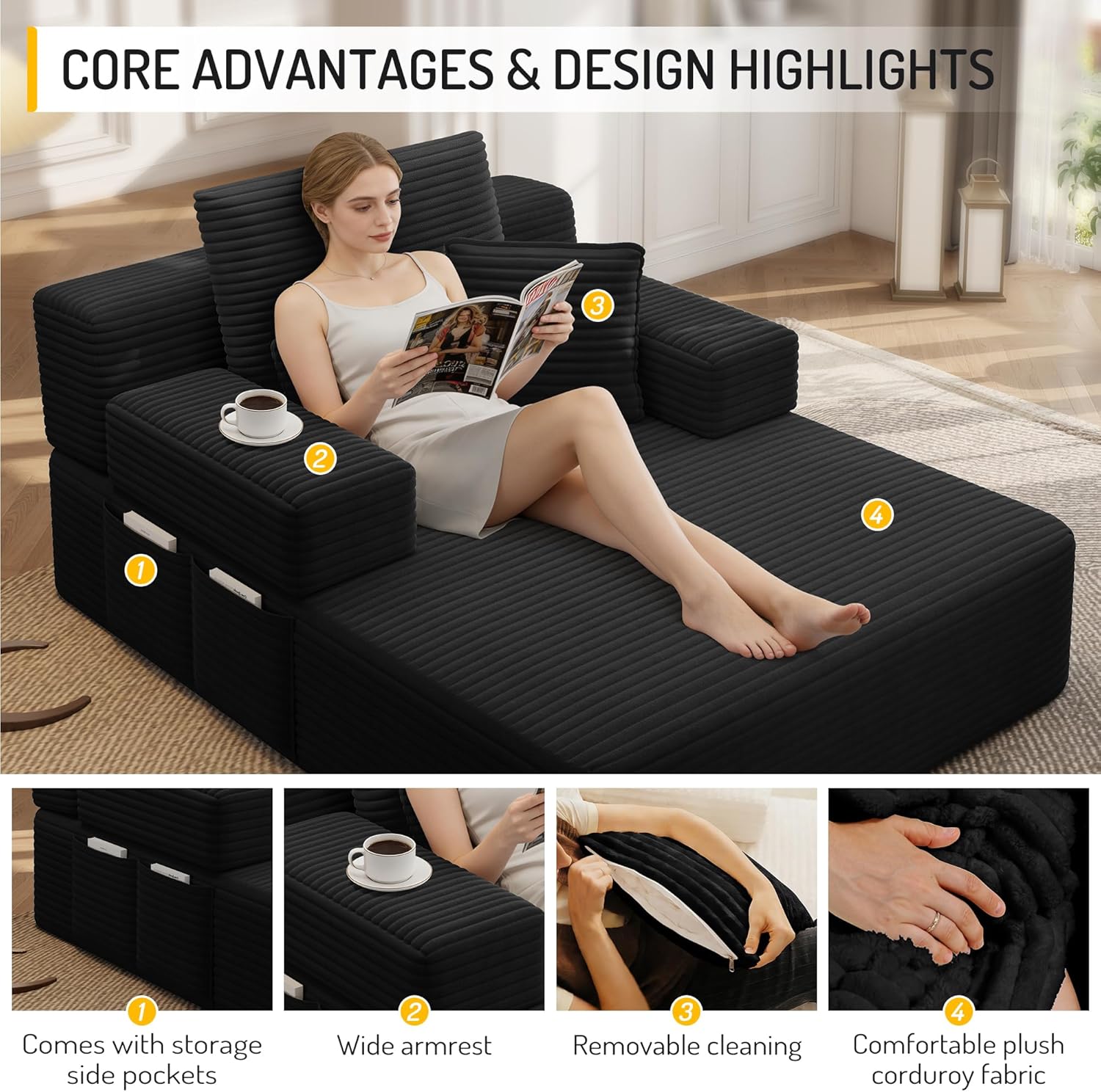 Avenix 70" Oversized Boneless Chaise Lounge Chair Indoor, Corduroy Comfy Oversized Reading Sleeper Chair Boneless Sofa Couch Bed with 3 Fluffy Pillows, No Assembly Required, Black