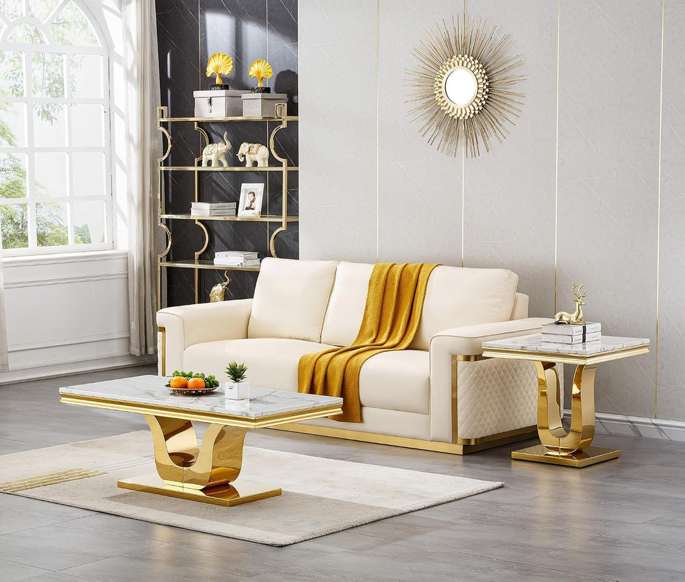 Luxury Marble Coffee Table Set of 2, Modern Coffee Table with Sofa Side Table...