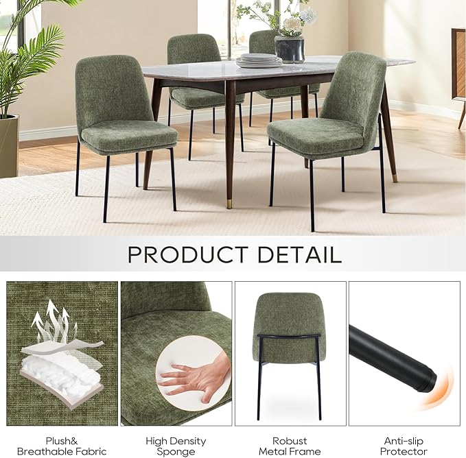COLAMY Dining Chairs Set of 6, Modern Dining Chairs, Fabric Upholstered Dining Chairs, Kitchen Chairs with Curved Back and Metal Legs for Dining Room Kitchen Restaurant, Green