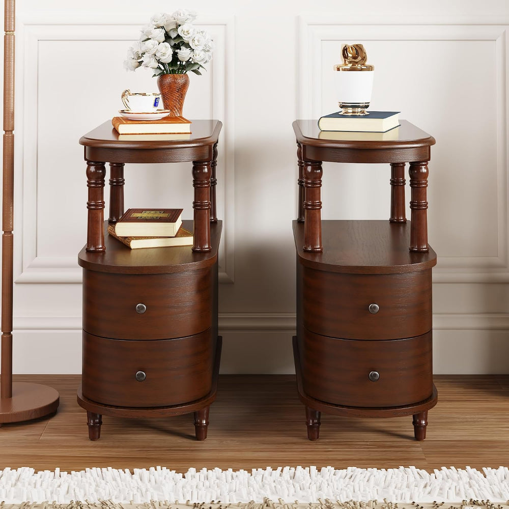 Narrow End Table Set of 2 with 2 Storage Drawers, Vintage Sofa Beside Table, ...