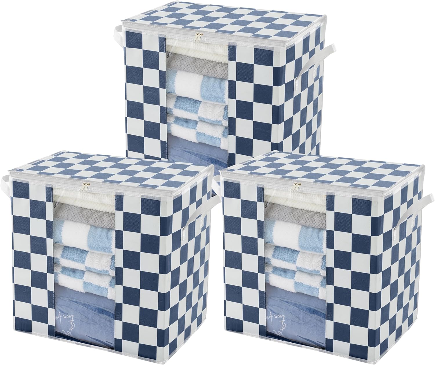 Navy Blue Checkered Clothes Storage Bins, 100L Large Blanket Storage Bags 3 Pack, Closet Organizers and Storage Containers for Comforters, Bedding, Foldable Organizer with Handle