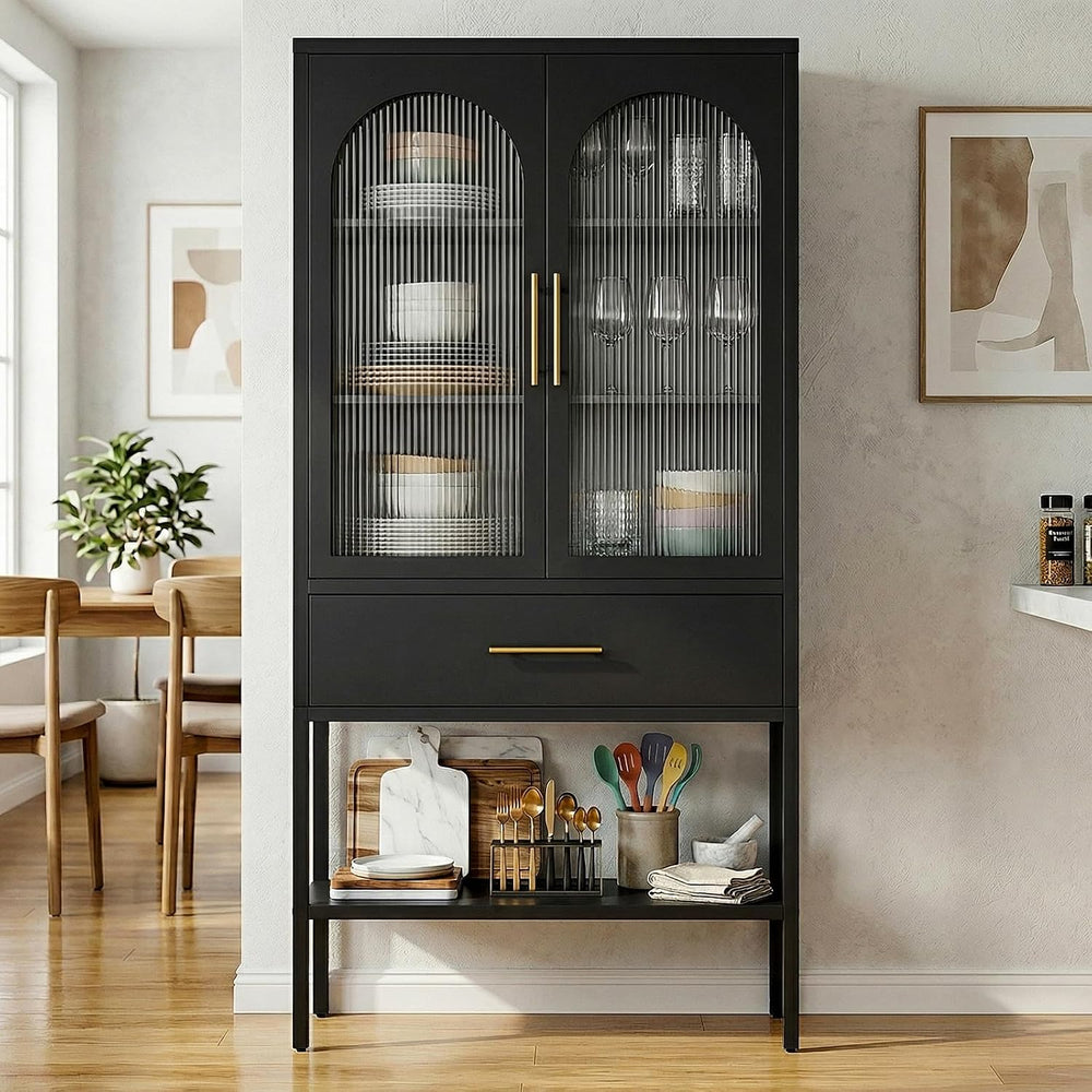 63" Tall Metal Storage Cabinet with Glass Doors, Kitchen Pantry Cabinet ...