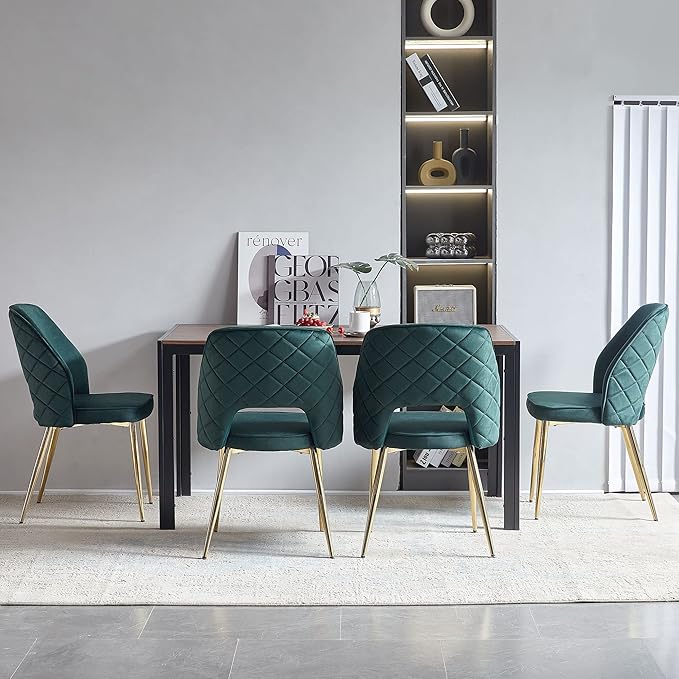NORDICANA Modern Dining Chair Set of 4, Forest Green Velvet Fabric Upholstered Accent Chairs with Golden Metal Legs, Round Back Side Chairs for Kitchen Living Room Bedroom