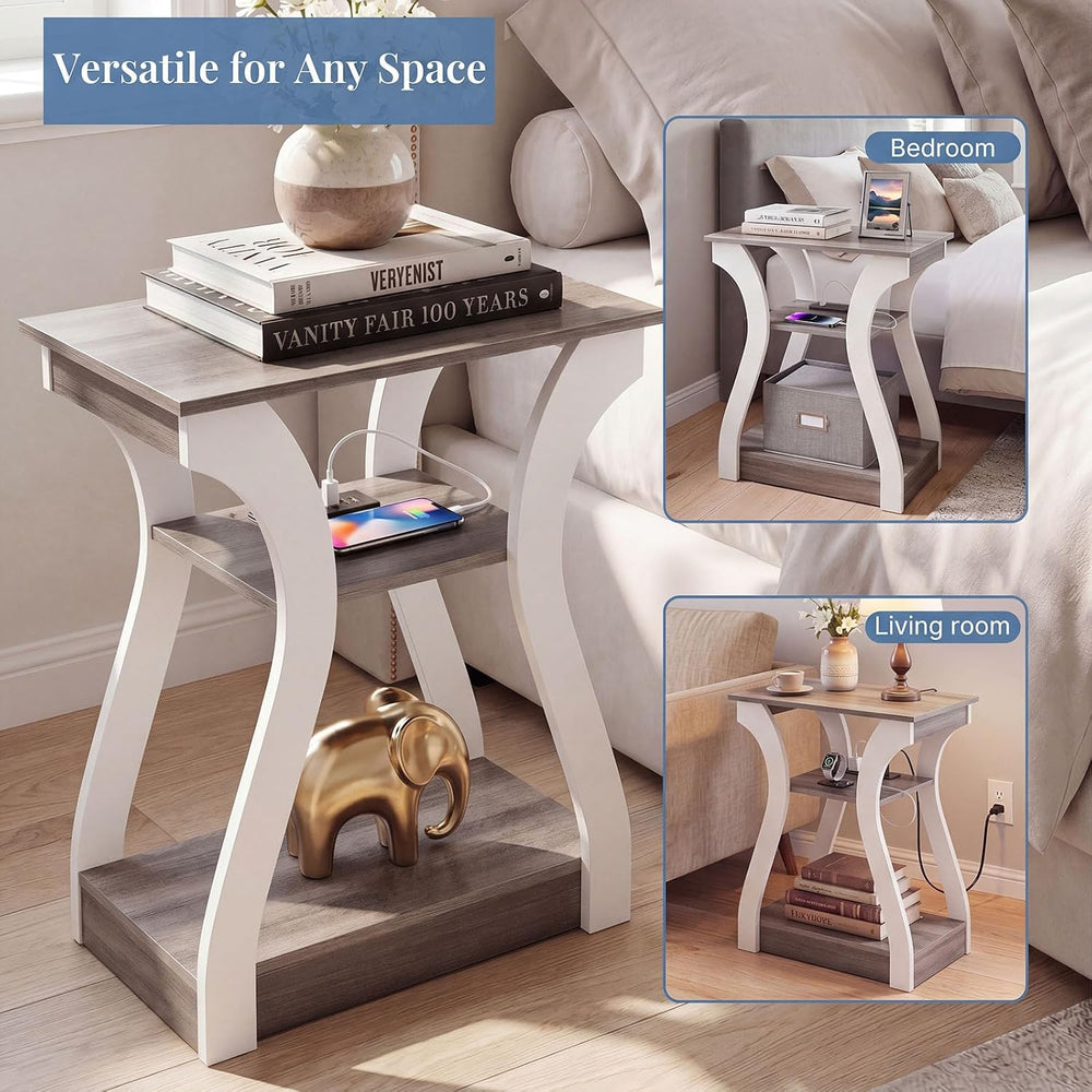 OLIXIS End Table with Charging Station, Modern Curved Nightstand Set of 2