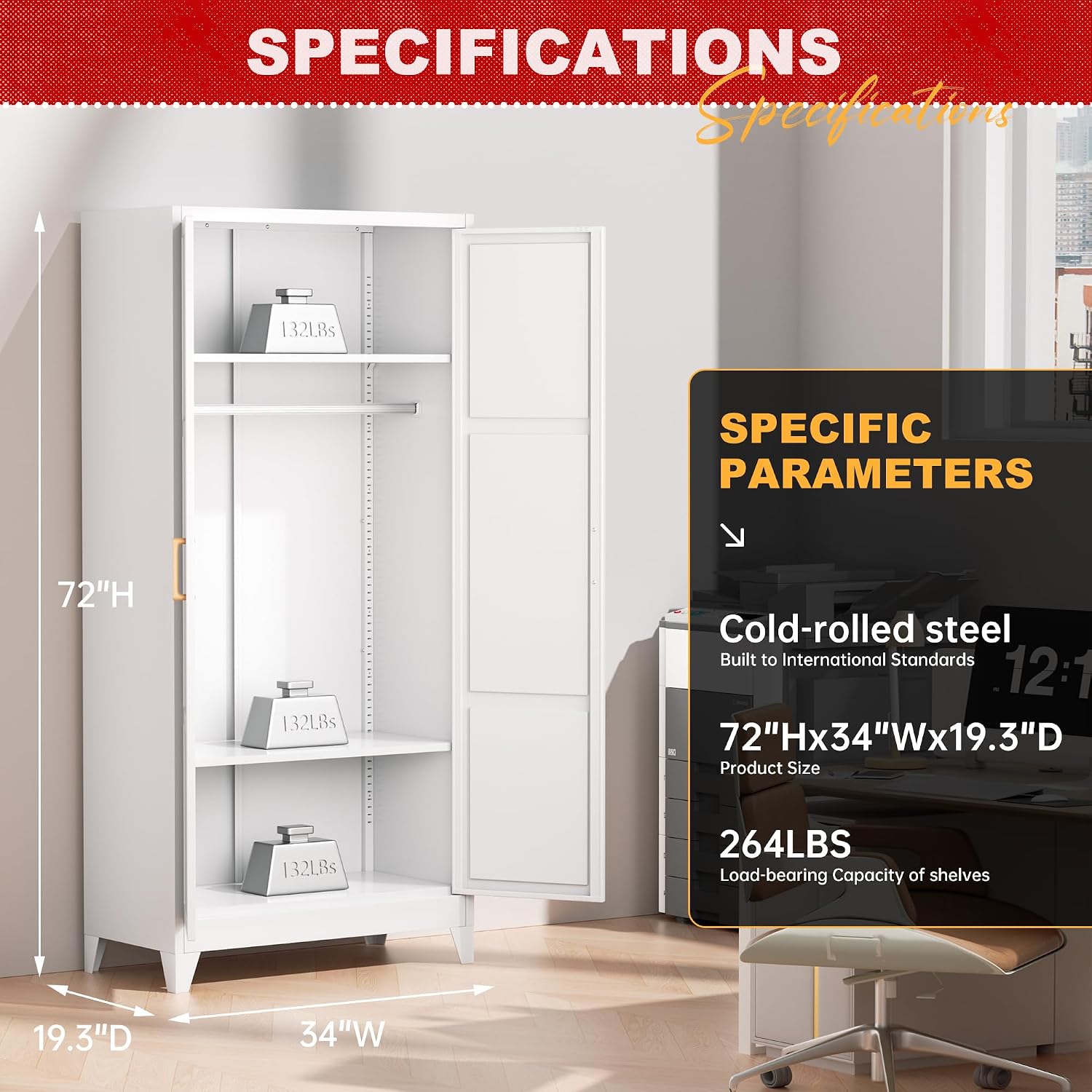 Superday Metal Wardrobe Closet, 72" H Bedroom Armoires with Wooden Handle, Storage Cabinet with Adjustable Shelves and Hanging Rods, Steel Storage Locker Closet for Home, Office, Employee, Gym (White)