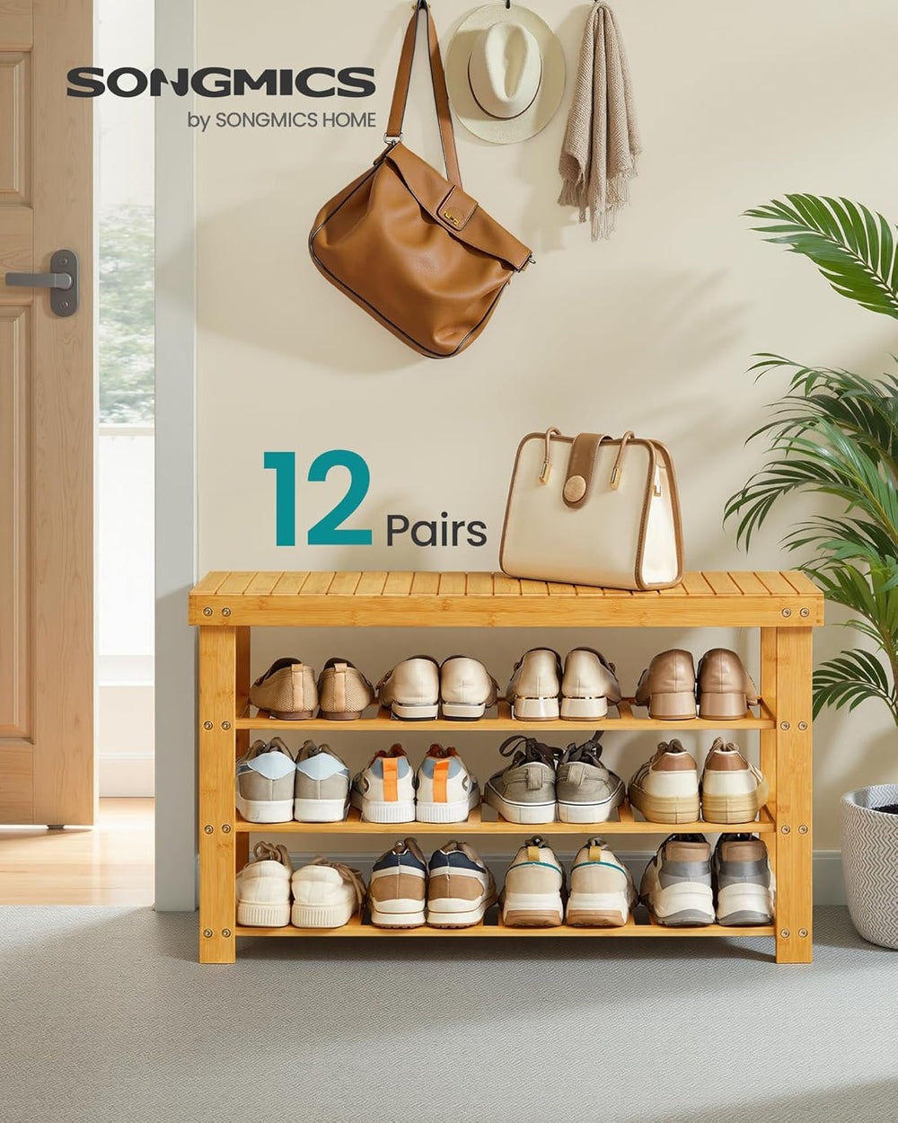 SONGMICS Shoe Rack Bench, 4 Tier Bamboo Shoe Storage Organizer, Entryway Benc...