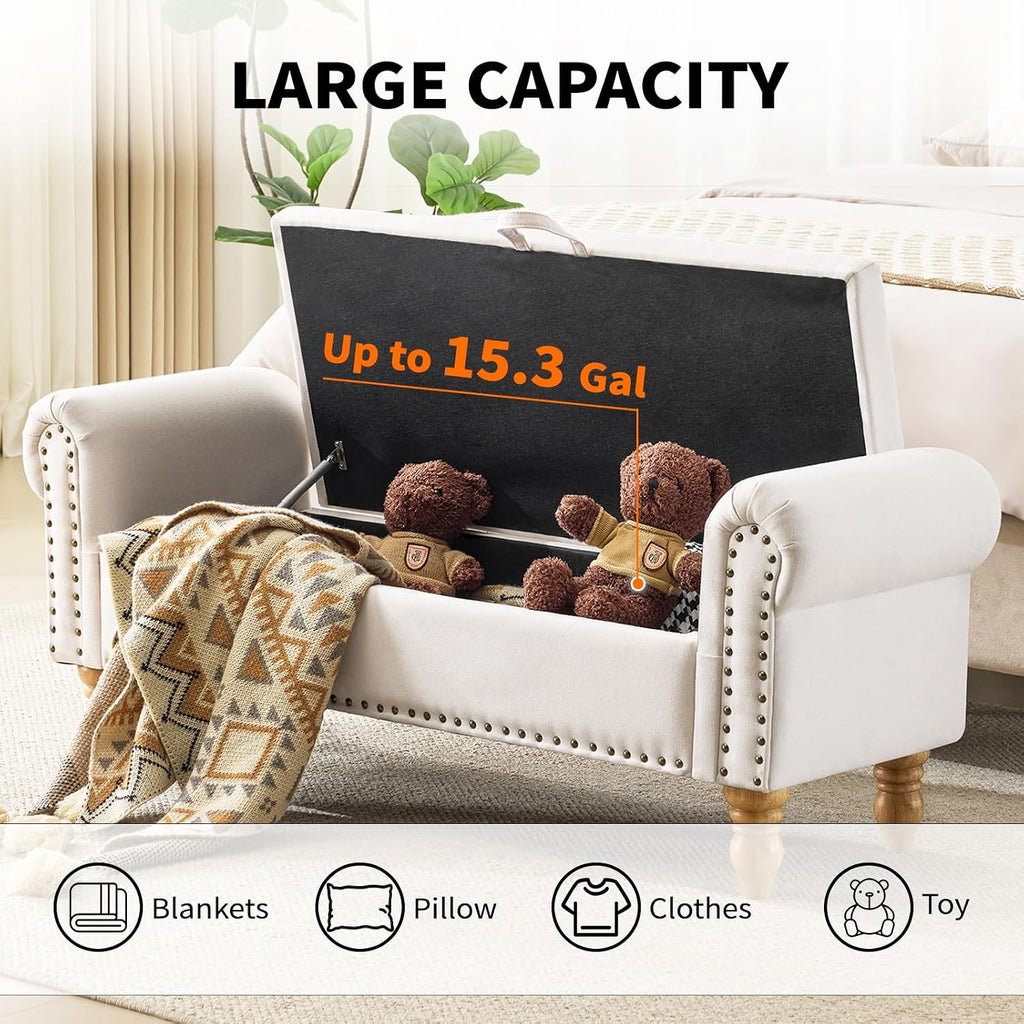 55" Linen Storage Bench, Queen End of Bed, Off-White | Linen Upholstered, Bedroom/Entryway/Closet, Storage Ottoman Bench, Window Seat, Lift-Top Storage, for Queen & King Bed
