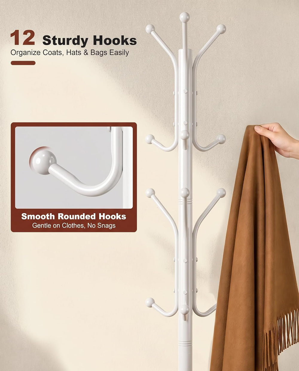Coat Rack with 12 Hooks, Freestanding Coat Tree with Sintered Stone Base, Stu...