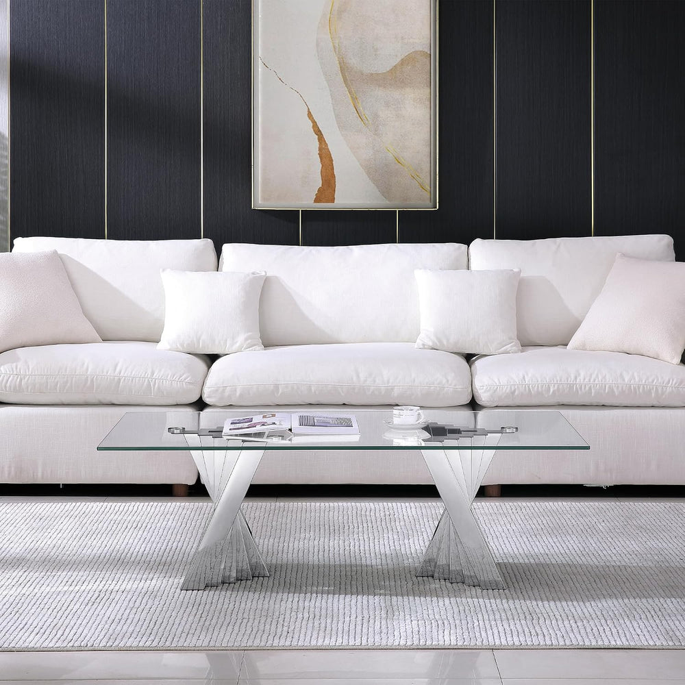 HomVent Glass Coffee Table with Silver Stainless Steel Base | 47"Rectang...