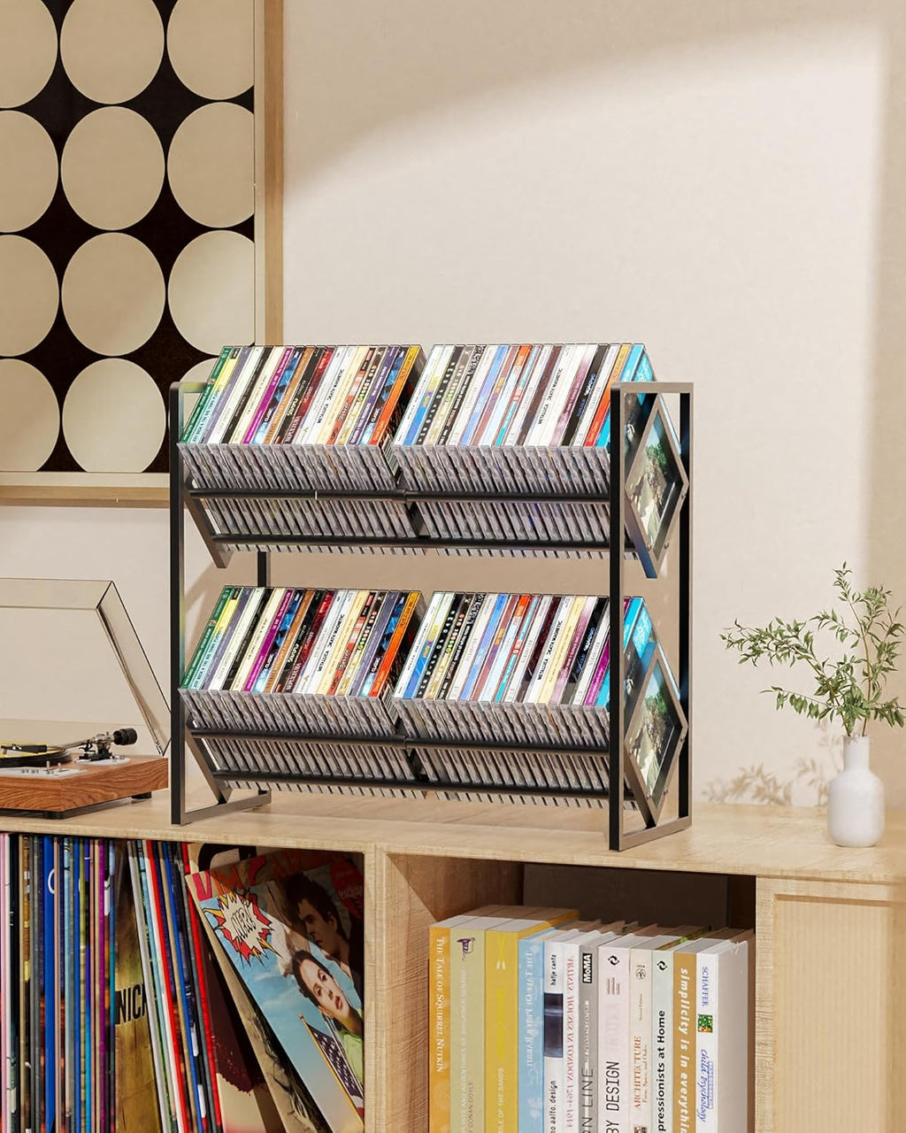 2-Tier CD Storage Metal Display Shelf, CD Holder Rack with Adjustable Divider, Store up to 80 CDs for Non-slip Feet, Modern for Music Collection Enthusiasts Home Organization and Decor