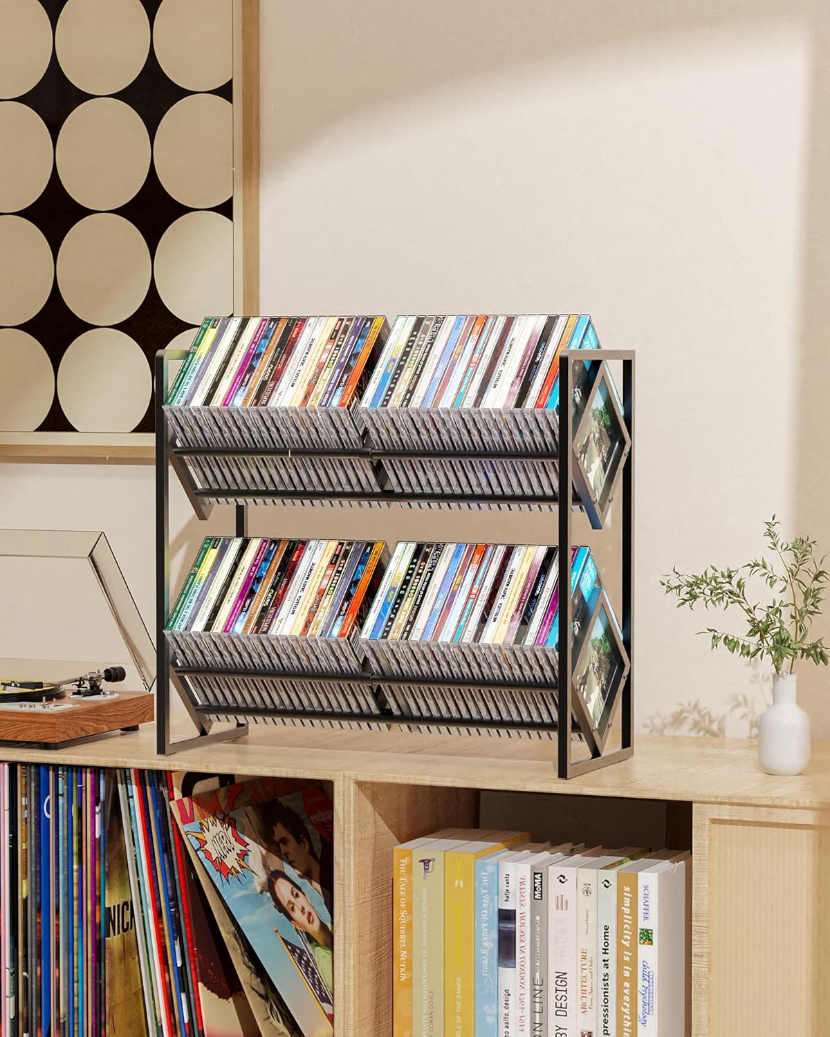 2-Tier CD Storage Metal Display Shelf, CD Holder Rack with Adjustable Divider, Store up to 80 CDs for Non-slip Feet, Modern for Music Collection Enthusiasts Home Organization and Decor
