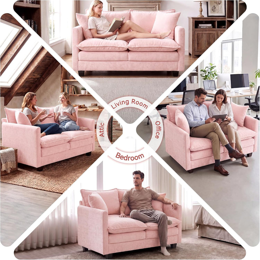 Loveseat Sofa Couch, Small Mini Compact 50" Love Seat 27" Deep Cloud Sofa Seat Washable Chenille Pillow for Apartment Bedroom Dorm Attic Studio Office Living Room Small Space 50-Pink