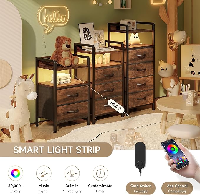 Night Stand Bedside Table Bedroom - Nightstand with Charging Station & LED Light Strip, Bed Side End Table with Storage Shelf & 3 Fabric Drawers, U-S-B Ports & AC Outlets, Rustic Brown