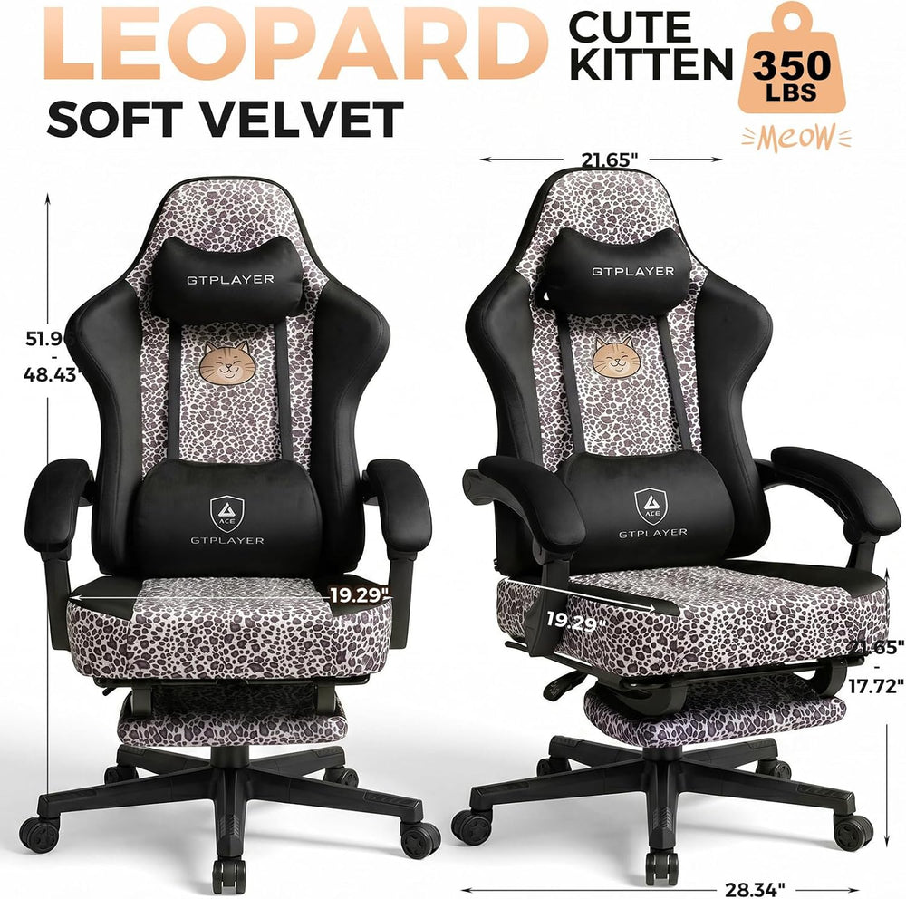 GTPLAYER Gaming Chair with Leopard Print Cat, Cute Velvet Fabric Ergonomic Of...