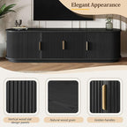Farmhouse Wooden TV Stand with Sliding Tambour Door for TVs up to 75", Fluted Media Console with Adjustable Storage, Golden Handle TV Cabinet with Cable Holes for Living Room, Black
