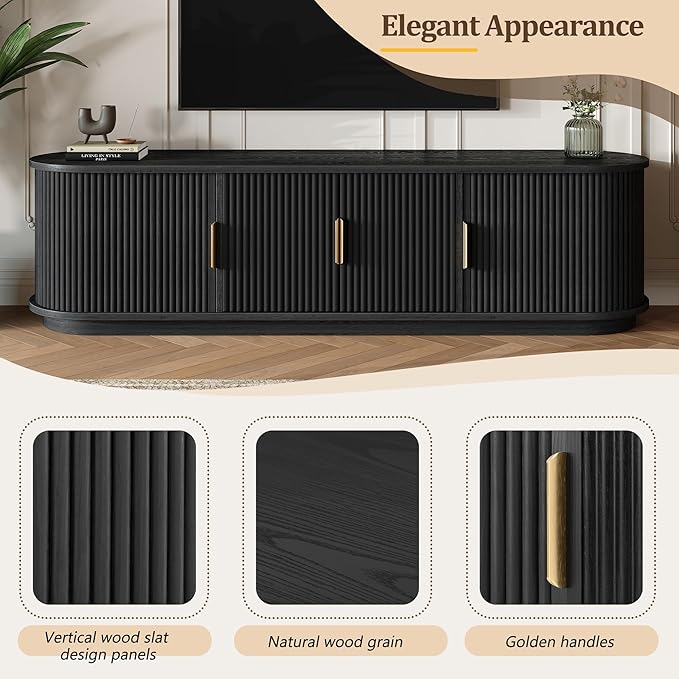 Farmhouse Wooden TV Stand with Sliding Tambour Door for TVs up to 75", Fluted Media Console with Adjustable Storage, Golden Handle TV Cabinet with Cable Holes for Living Room, Black