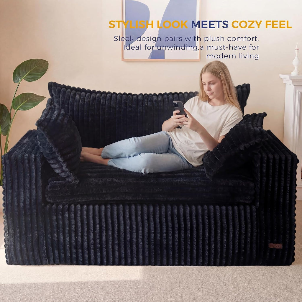 MAXYOYO Boneless Couch, 59-Inch Couch in a Box, Deep Loveseat | Foam-Filled Boneless Loveseat, Deep Seating for Two with No Assembly, Ideal for Living Rooms, Bedrooms or Apartments, Black