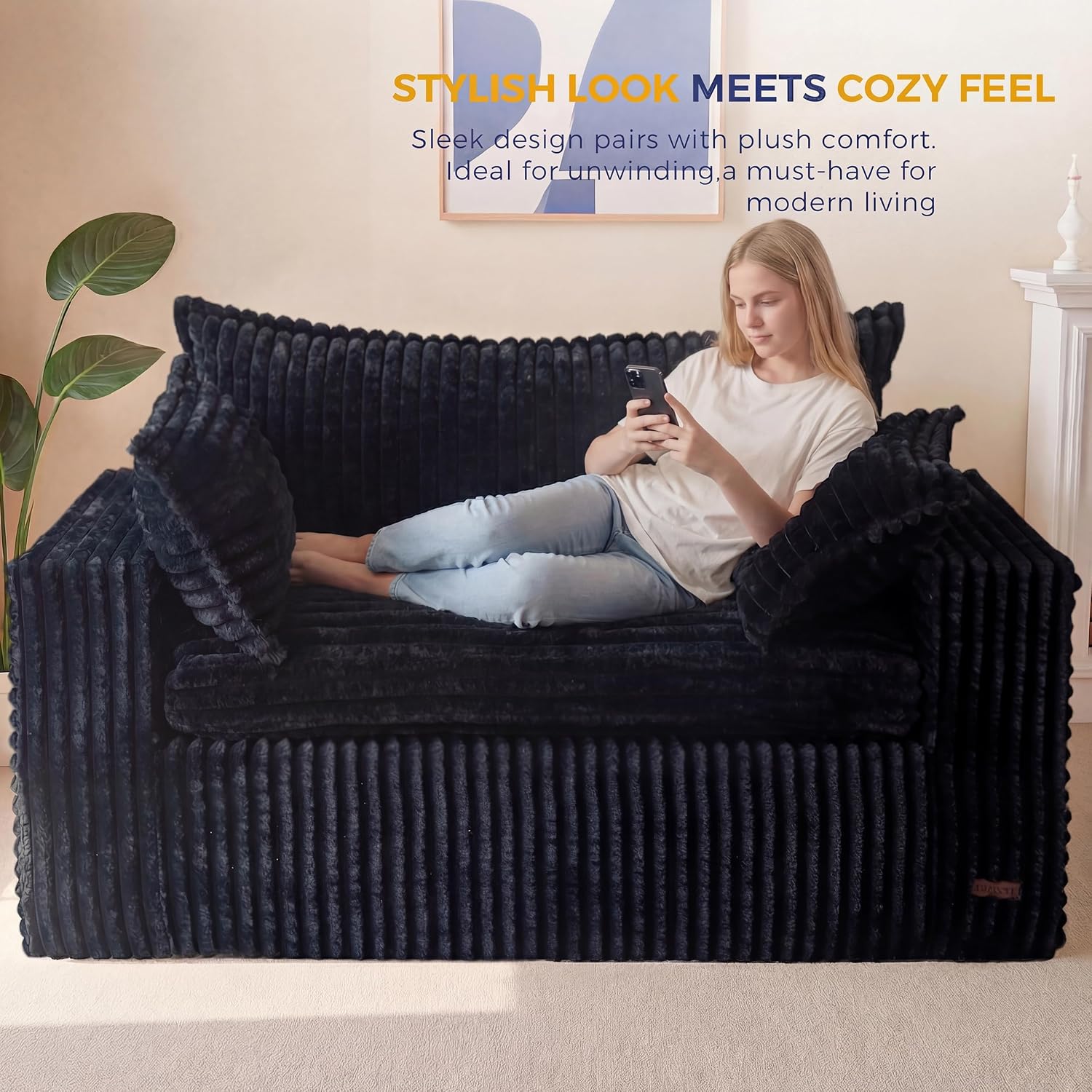 MAXYOYO Boneless Couch, 59-Inch Couch in a Box, Deep Loveseat | Foam-Filled Boneless Loveseat, Deep Seating for Two with No Assembly, Ideal for Living Rooms, Bedrooms or Apartments, Black
